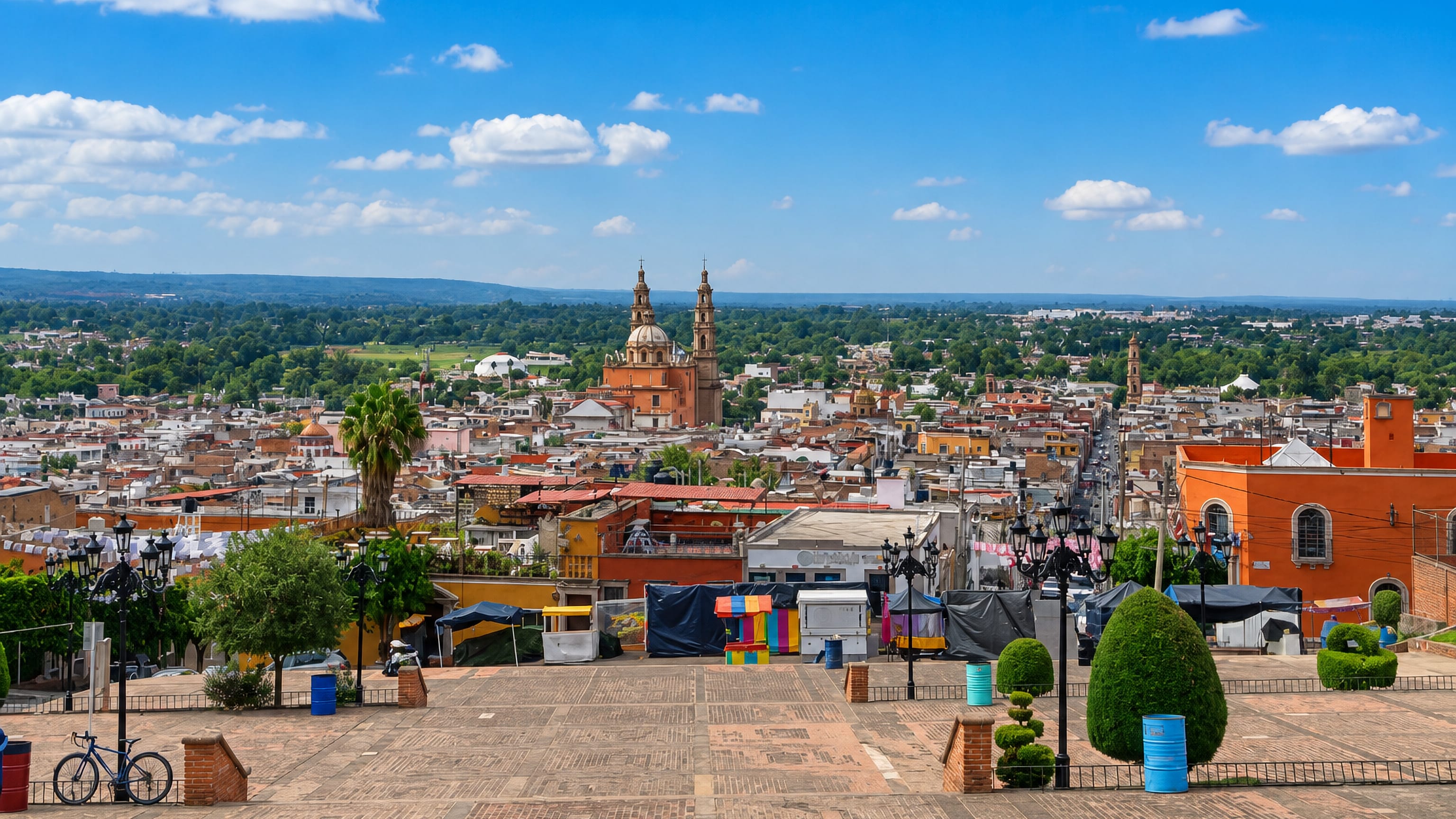 Lagos de Moreno, Mexico, its twin-towered baroque parish church rising over colonial rooftops.
