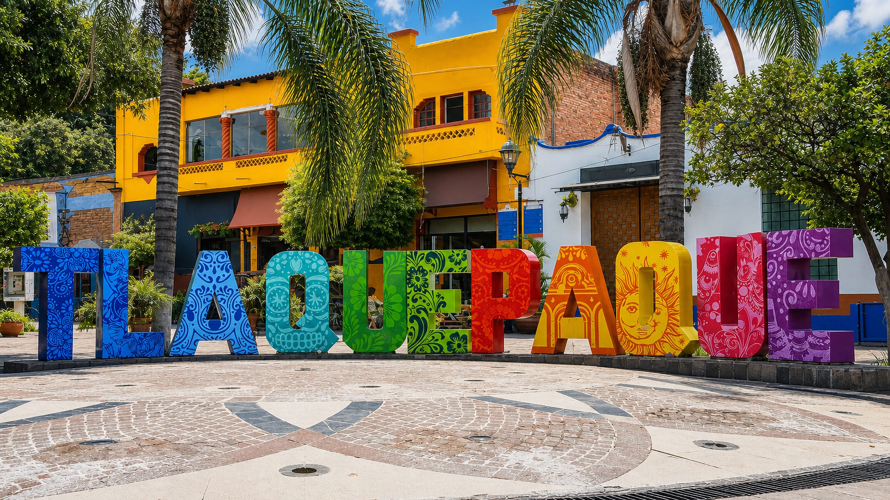 Giant colorful letters spelling Tlaquepaque on a paved plaza, framed by palms and yellow colonial buildings.