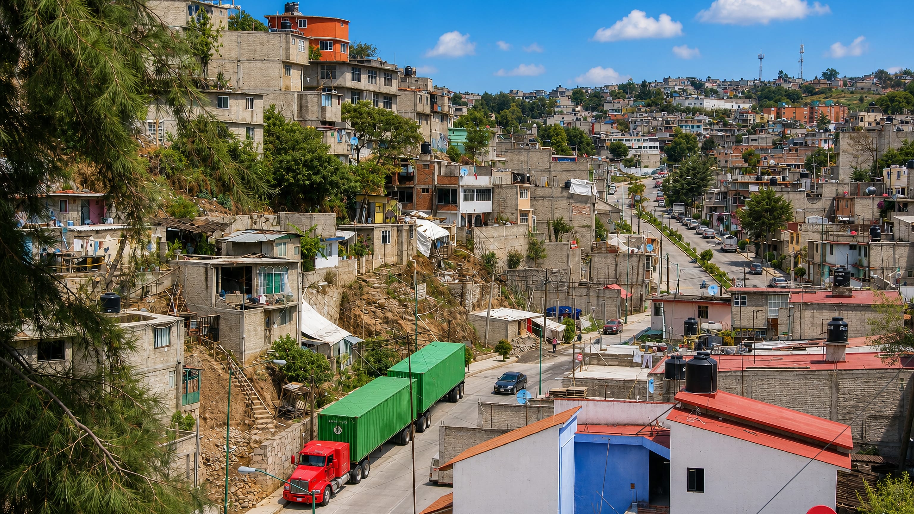 Concrete self-built houses climbing a hillside above a truck-lined road in Ciudad Lopez Mateos, Mexico.