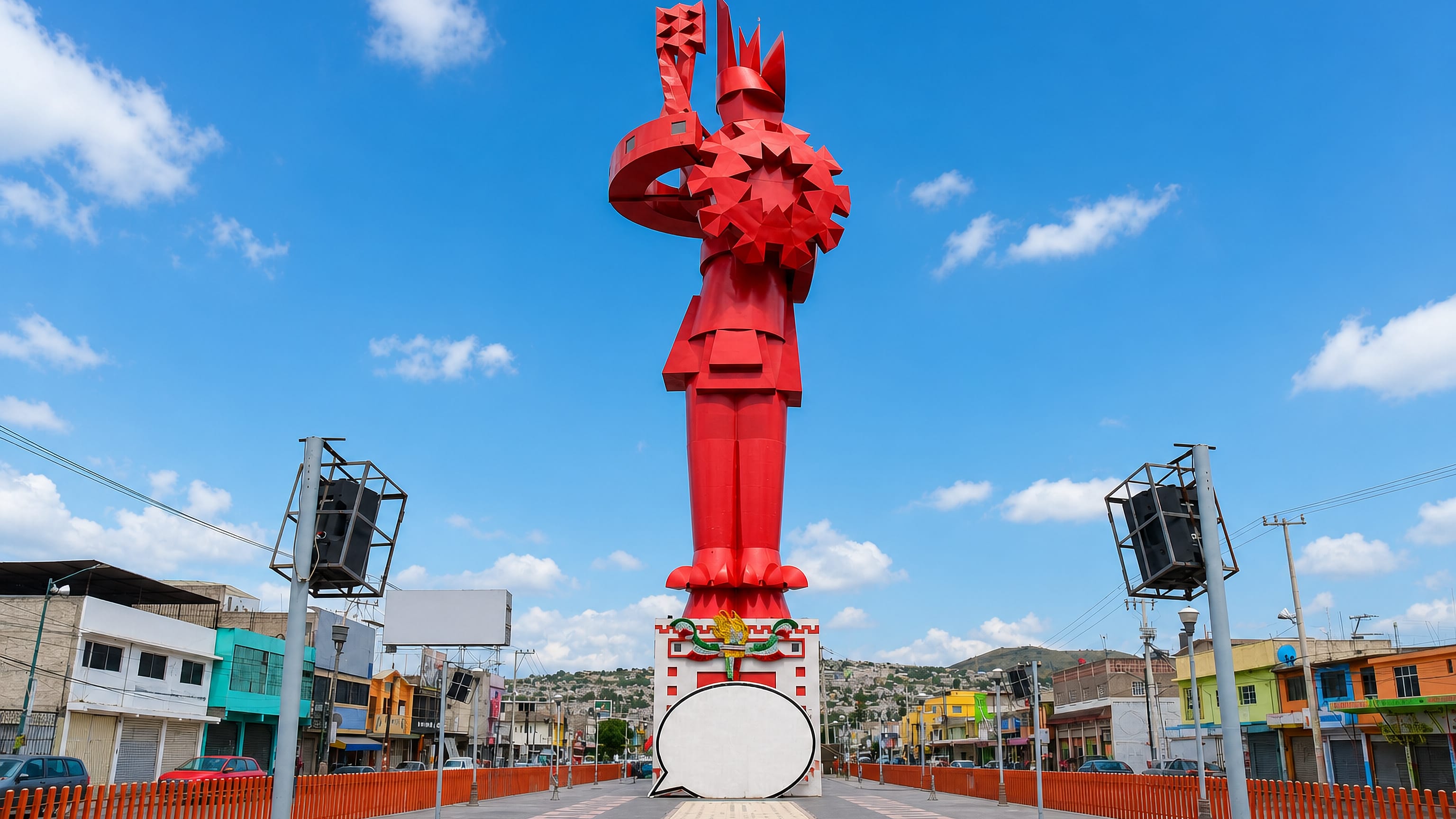 The giant red Guerrero Chimalli statue rising over the main avenue and hillside housing of Chimalhuacan, Mexico.