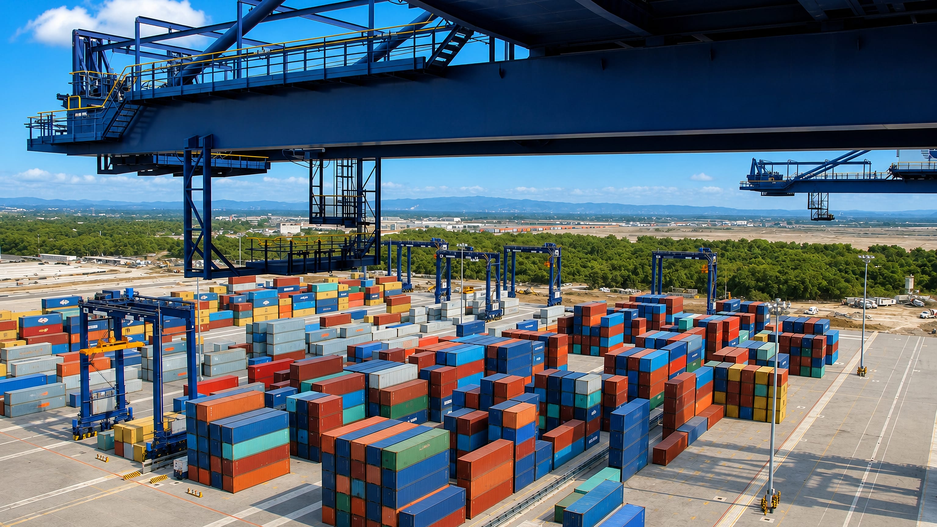 Stacked shipping containers and gantry cranes at the container port of Ciudad Lazaro Cardenas, Michoacan.