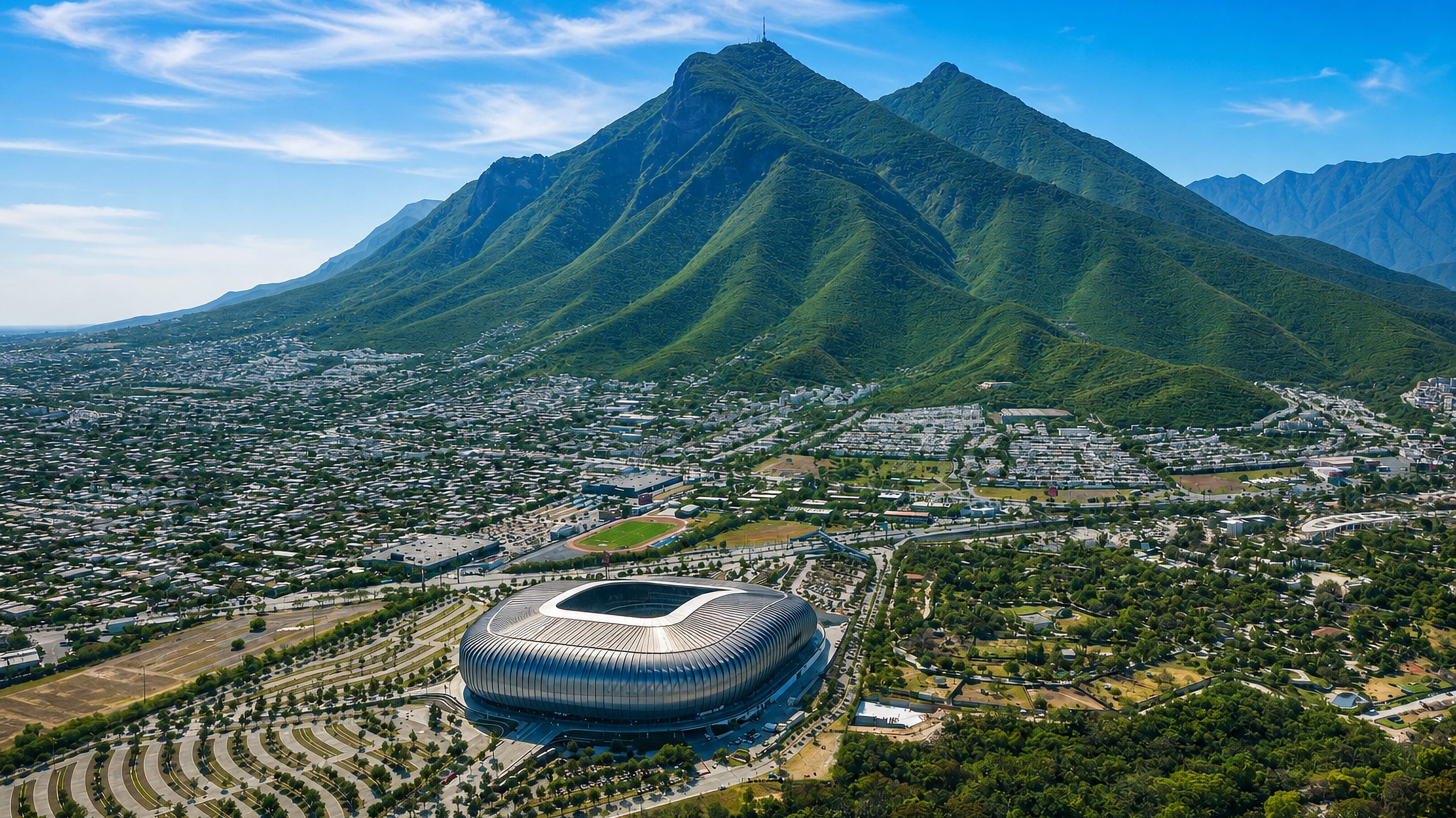 Estadio BBVA at the foot of the green Cerro de la Silla mountain above Monterrey, Mexico.