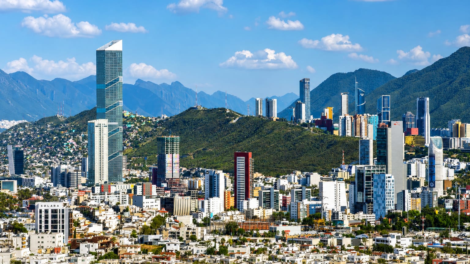 Monterrey's high-rise skyline set against the rugged Sierra Madre mountains under a bright blue sky.