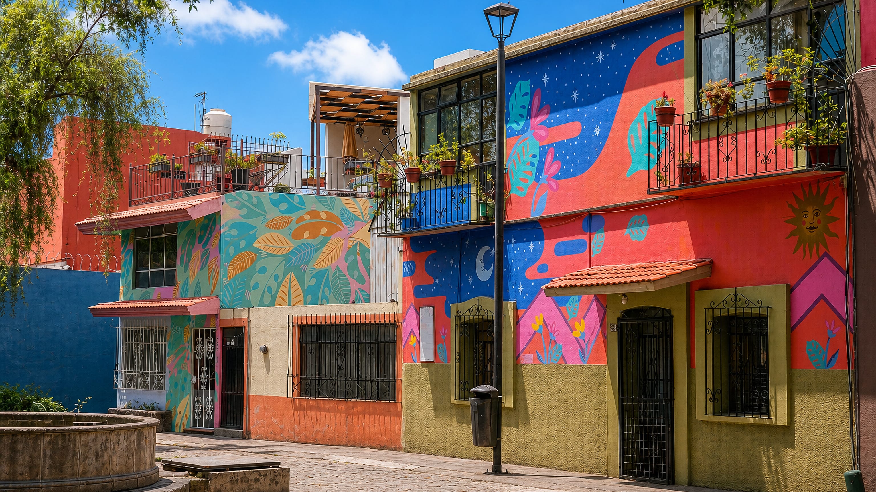 Mural-painted houses in bright colours along a cobbled street in Barrio de Xanenetla, Puebla.