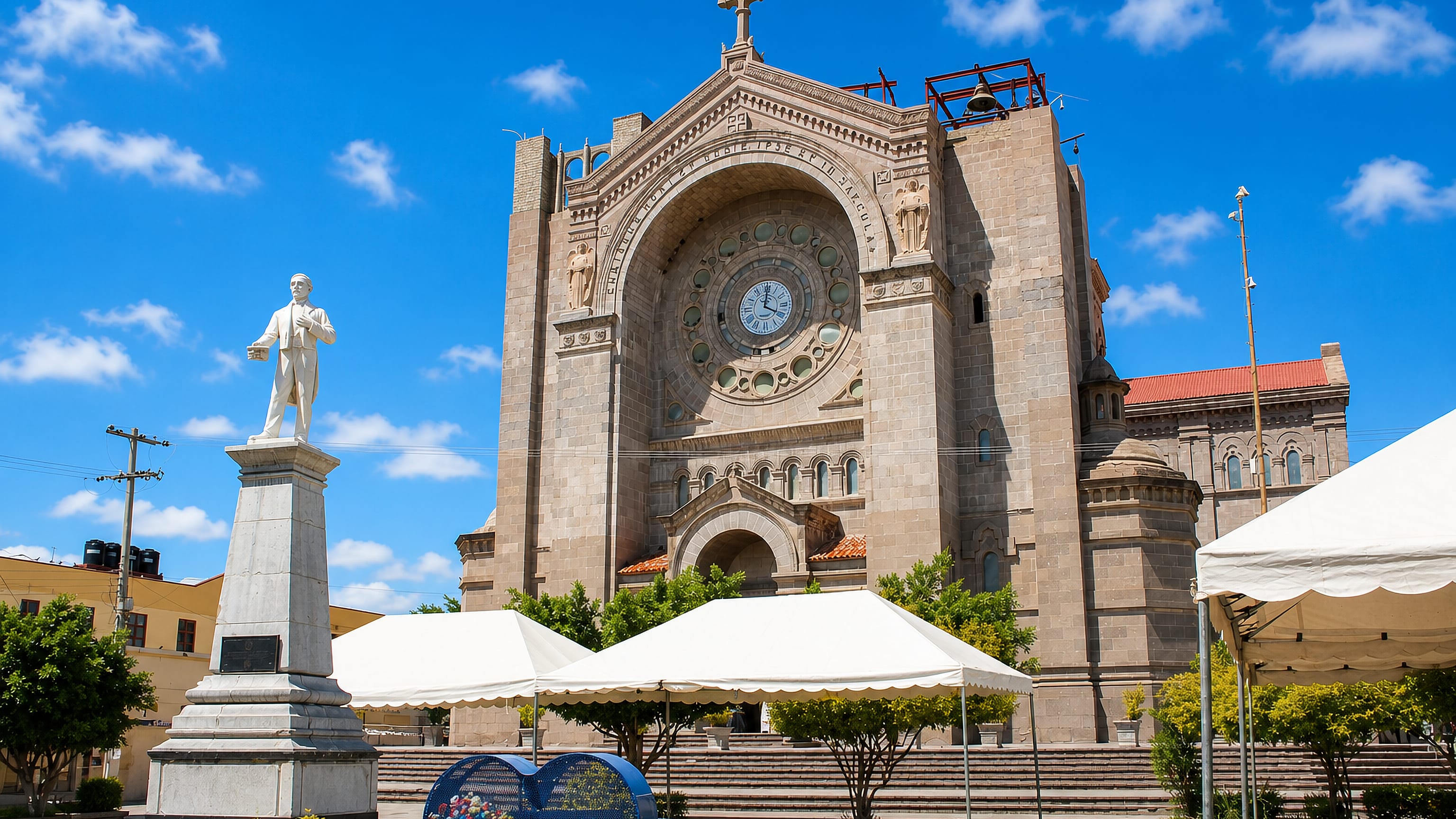 The stone facade of the Immaculate Conception church on the main plaza of Matehuala, Mexico