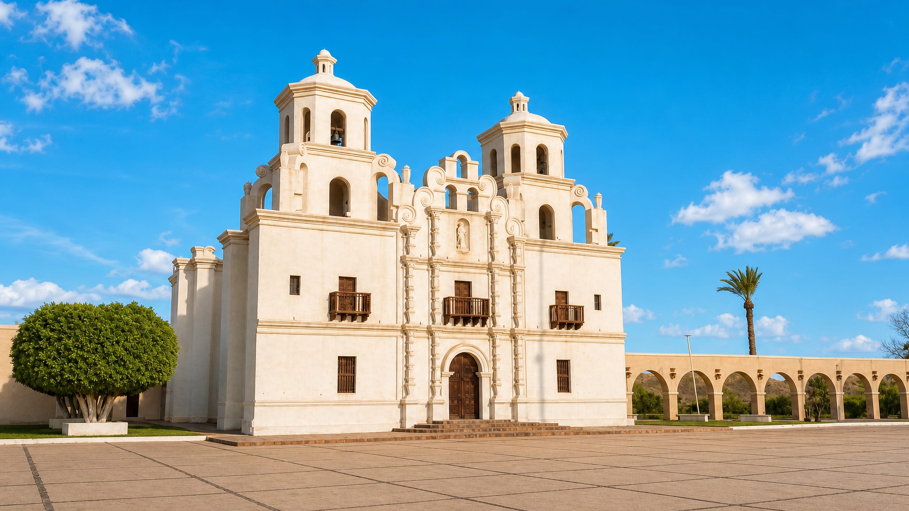 The white colonial mission church of La Purisima Concepcion and its twin bell towers in Heroica Caborca, Sonora.