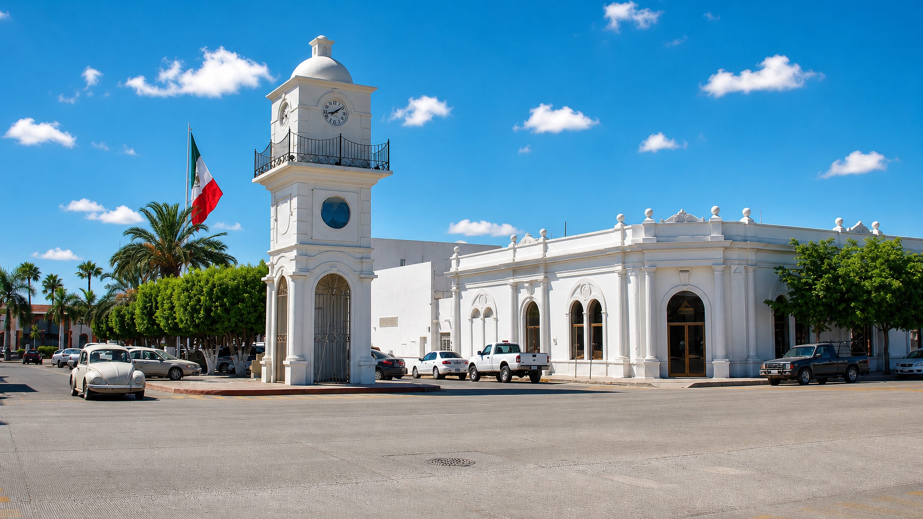 White colonial clock tower and arcaded civic building on the main plaza of Navojoa, Sonora