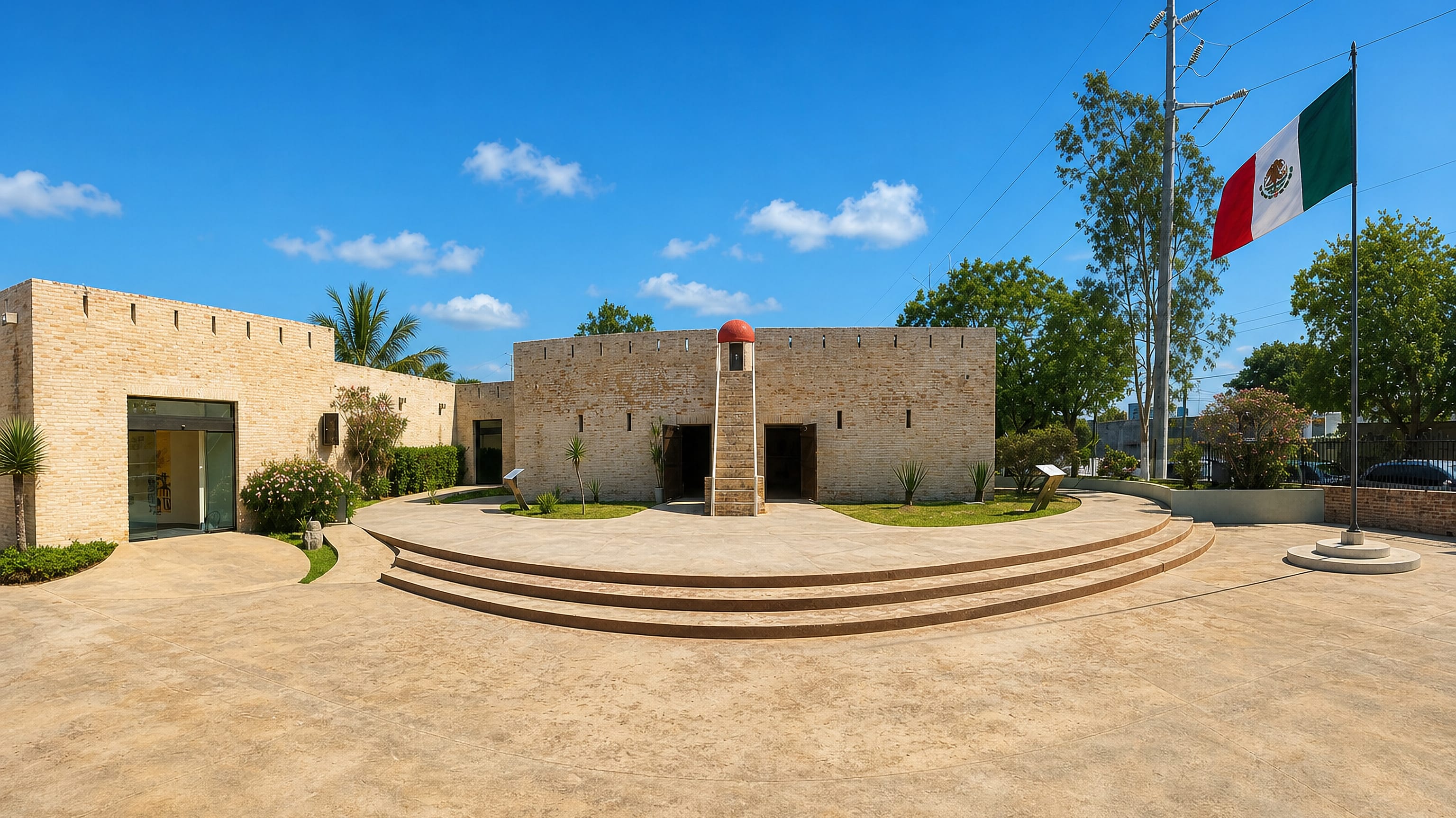Crenellated stone fort-museum with a domed turret, open plaza and Mexican flag in Heroica Matamoros.