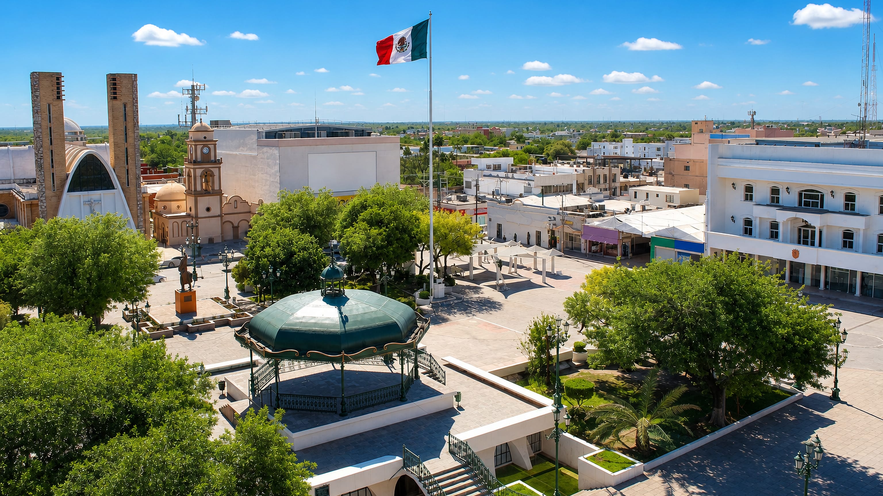 Reynosa's main plaza in Mexico, with its green bandstand, Mexican flag and twin-towered cathedral.