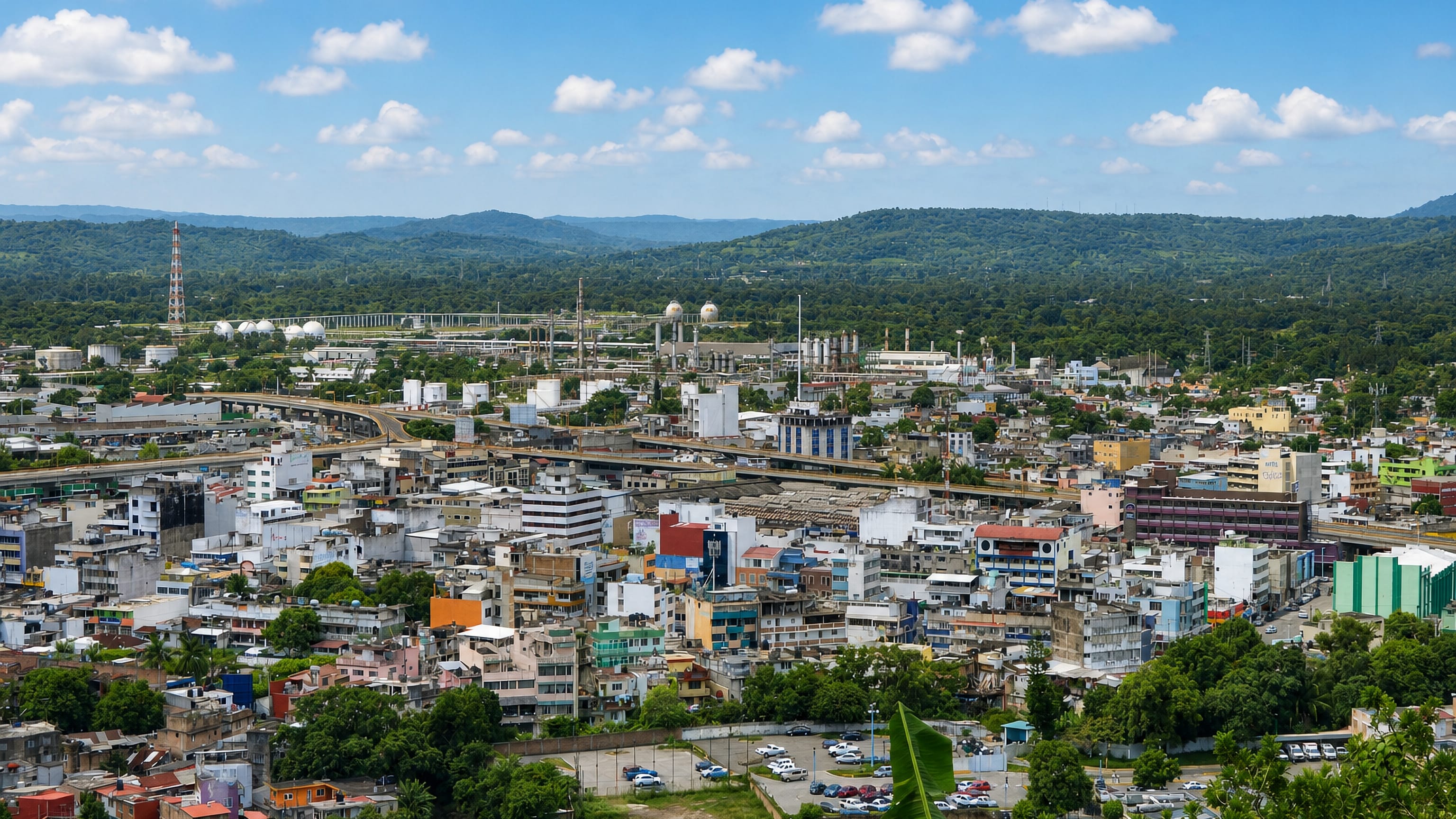 Poza Rica de Hidalgo, Mexico, from a hillside: dense city blocks, its oil refinery and forested ridges beyond.
