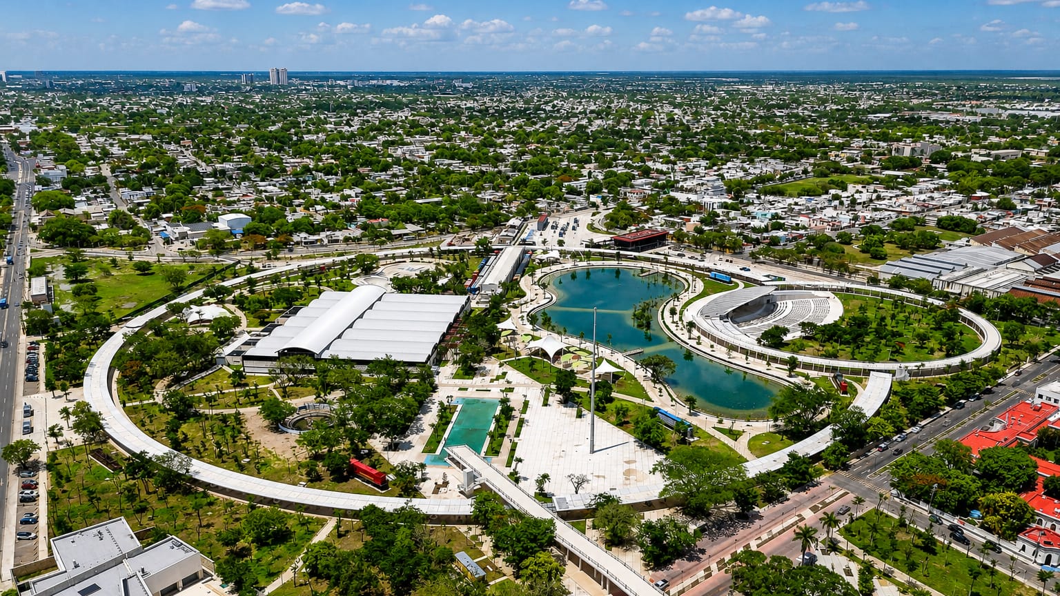 Aerial view of a modern oval-lagoon park with ring paths in Merida, Yucatan, low-rise city beyond.