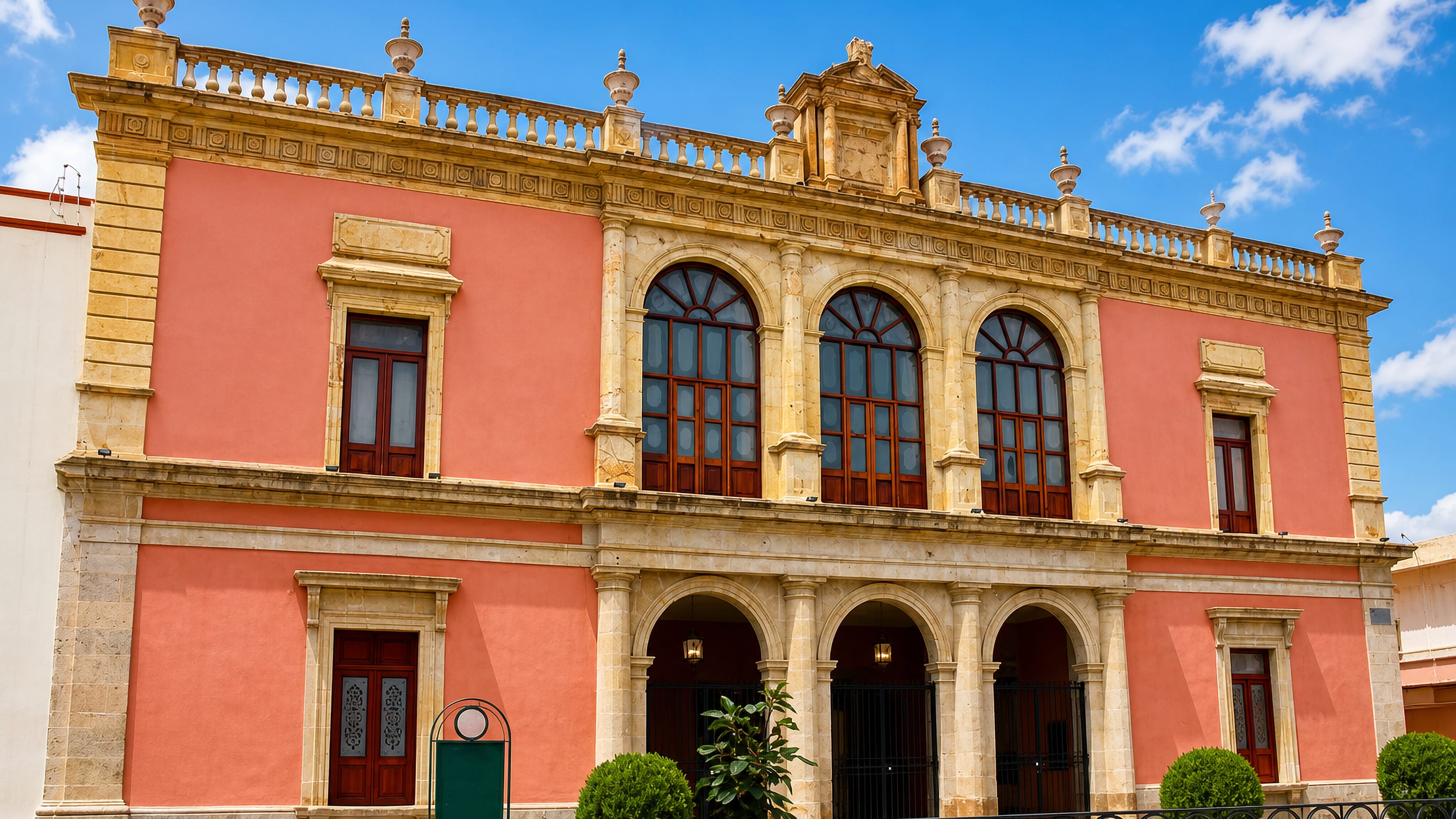 Salmon-pink neoclassical civic building with arcaded entrance and stone balustrade in Fresnillo, Zacatecas