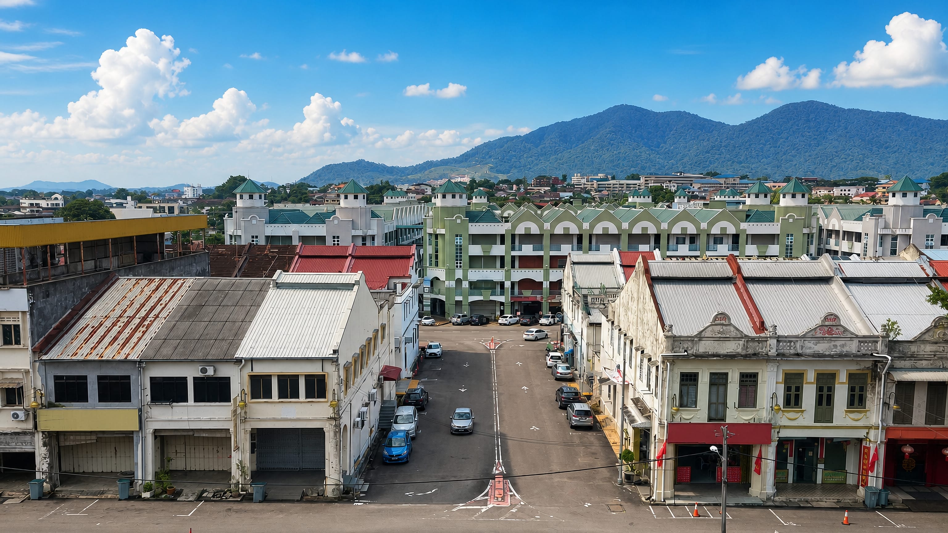 Rows of old shophouses in central Kluang, Johor, with forested hills rising behind the town.