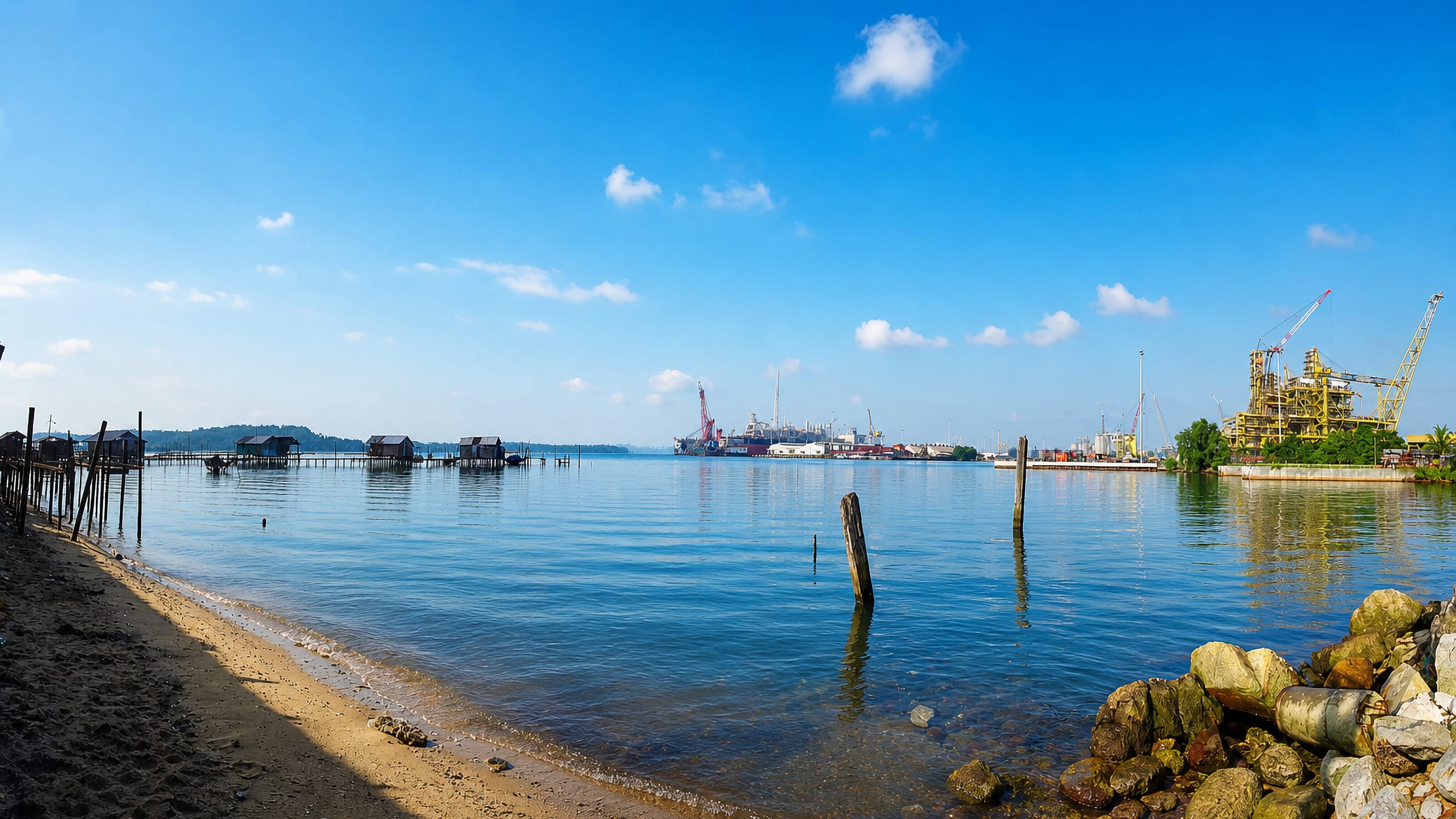 Stilt fishing huts and port cranes across the water from a sandy shore at Pasir Gudang, Johor.