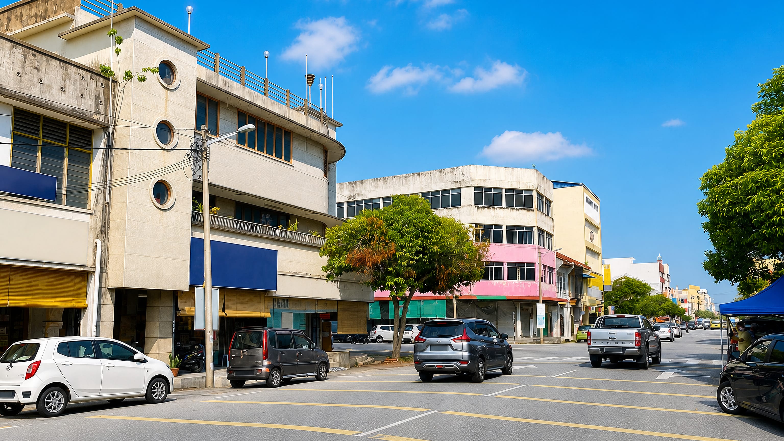 Sunlit shophouse-lined main street in Teluk Intan, Malaysia, with parked cars under a clear blue sky.