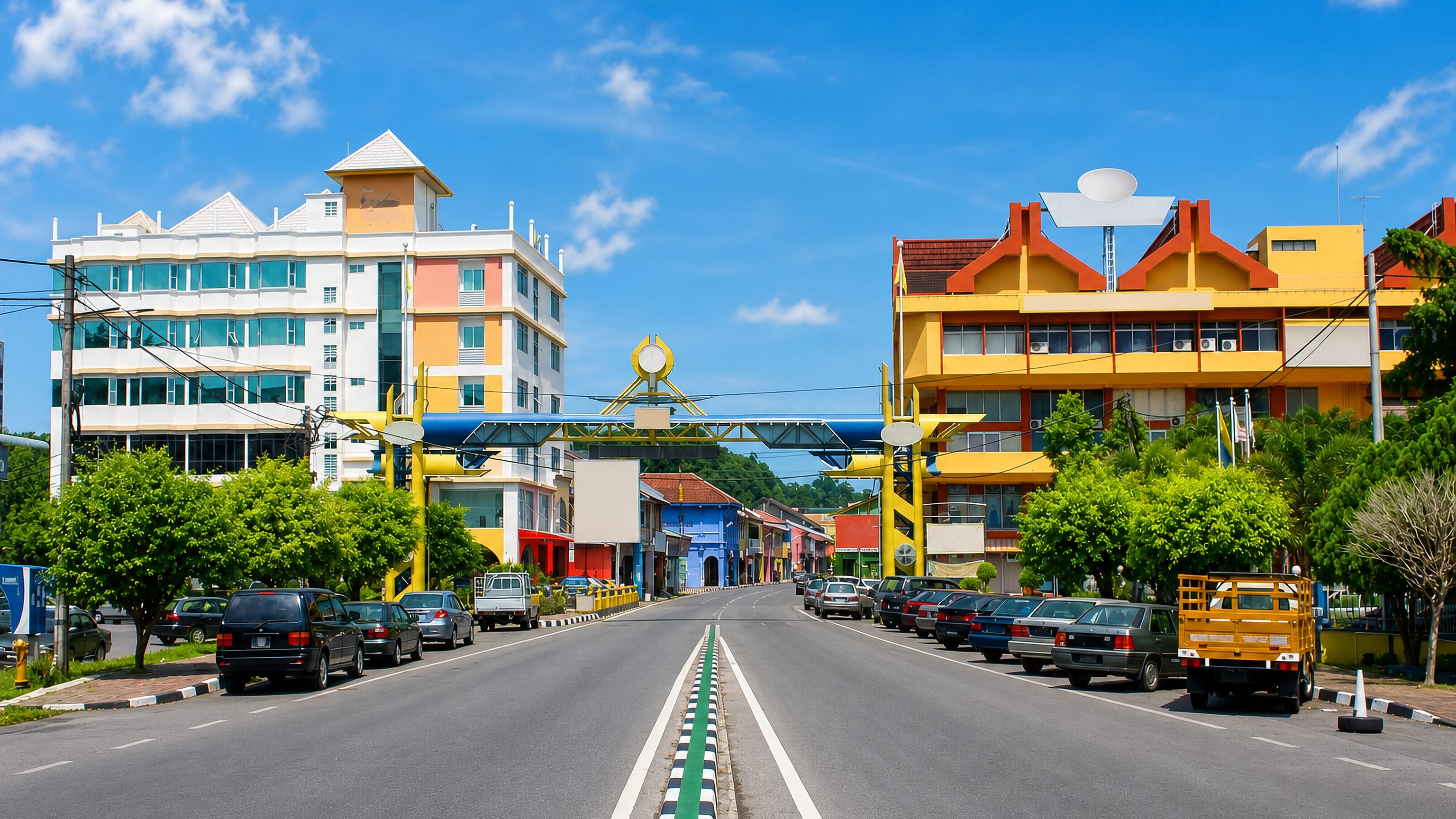 Colourful shophouses and a decorative street arch along the main road through Kangar, Perlis, Malaysia.