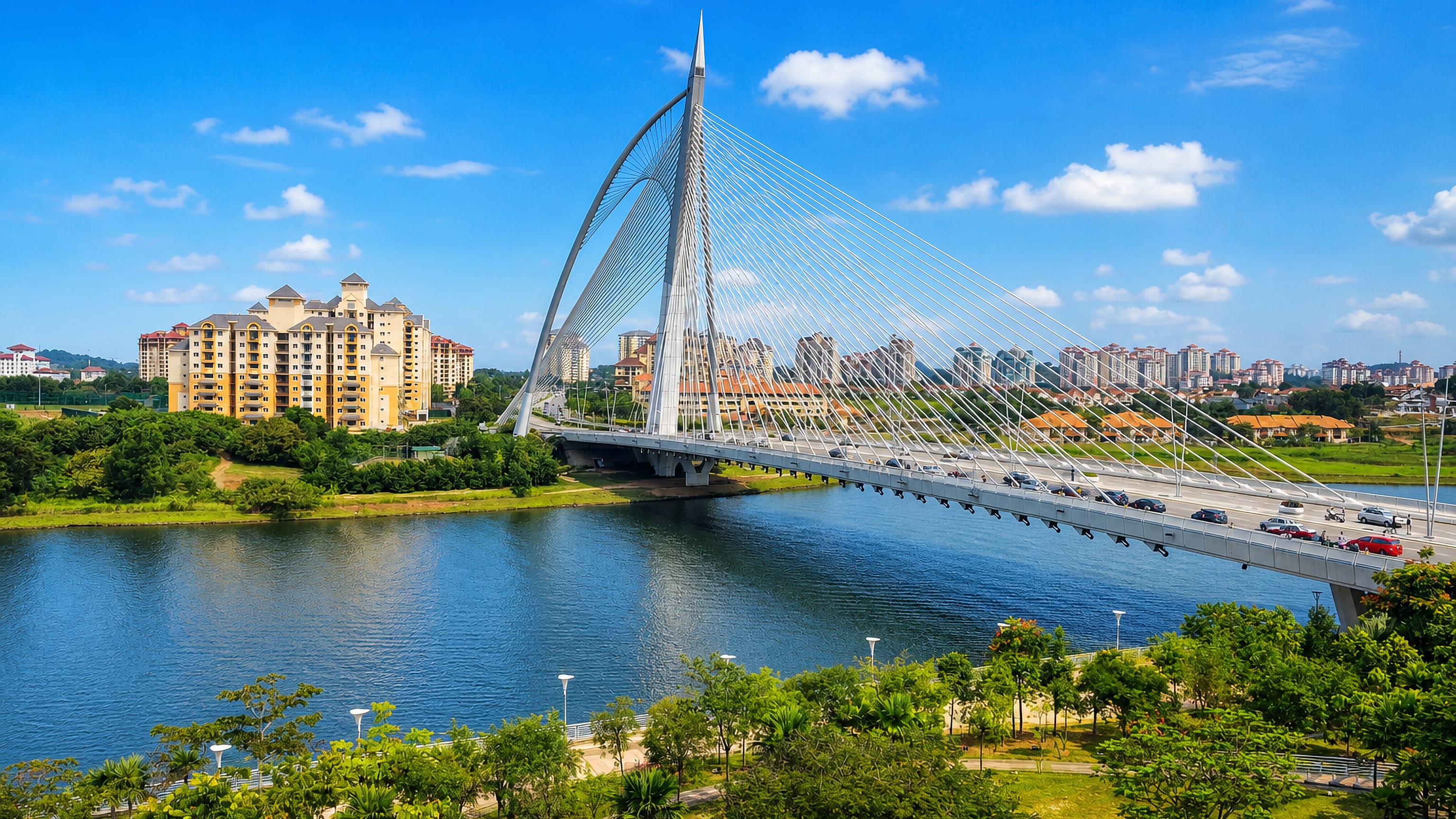 Seri Wawasan Bridge spanning Putrajaya Lake, with the Malaysian capital's waterfront apartments and parkland.