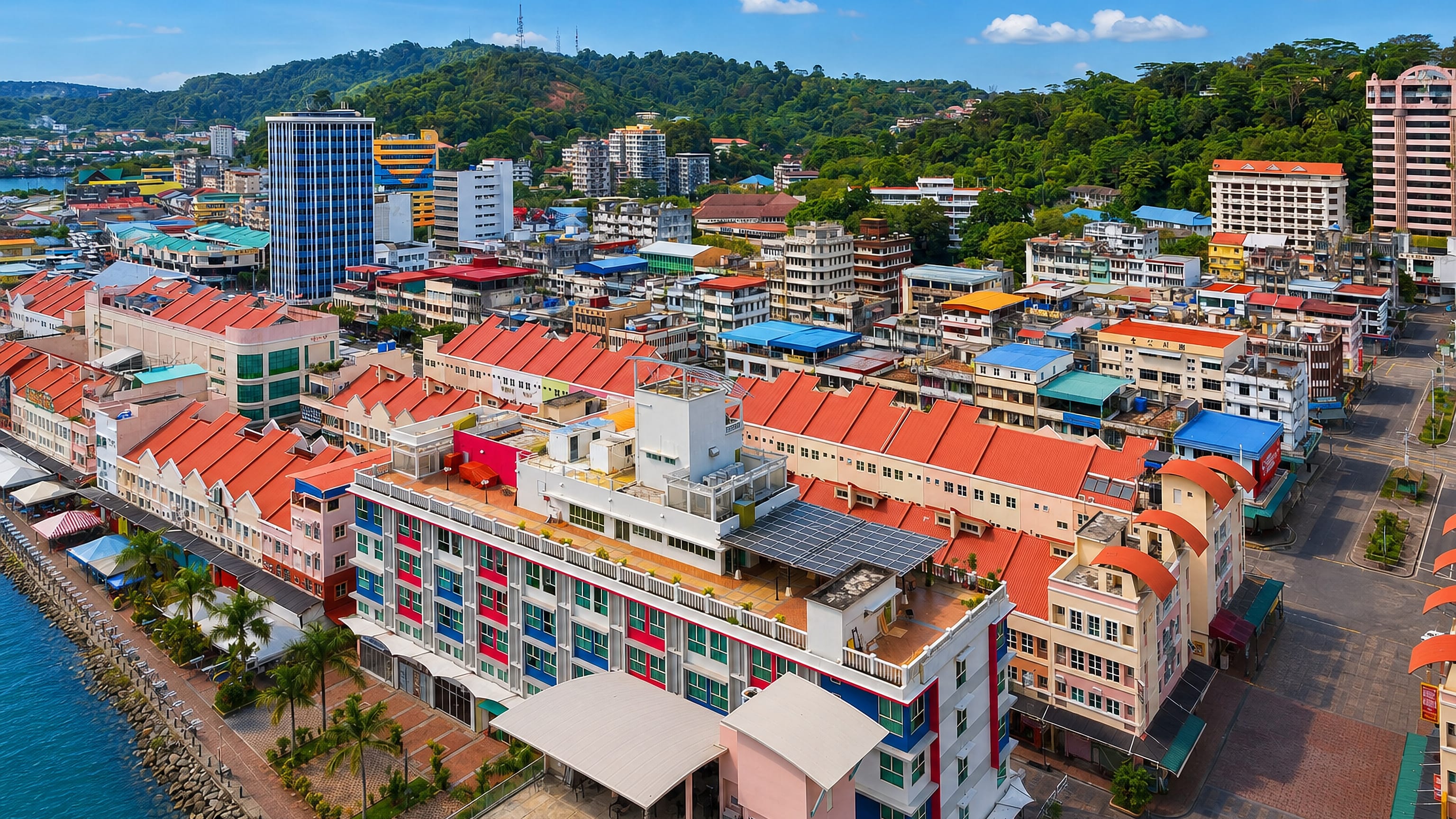 Orange-roofed shophouses and waterfront blocks of Sandakan, Sabah, below forested hills on the harbour.