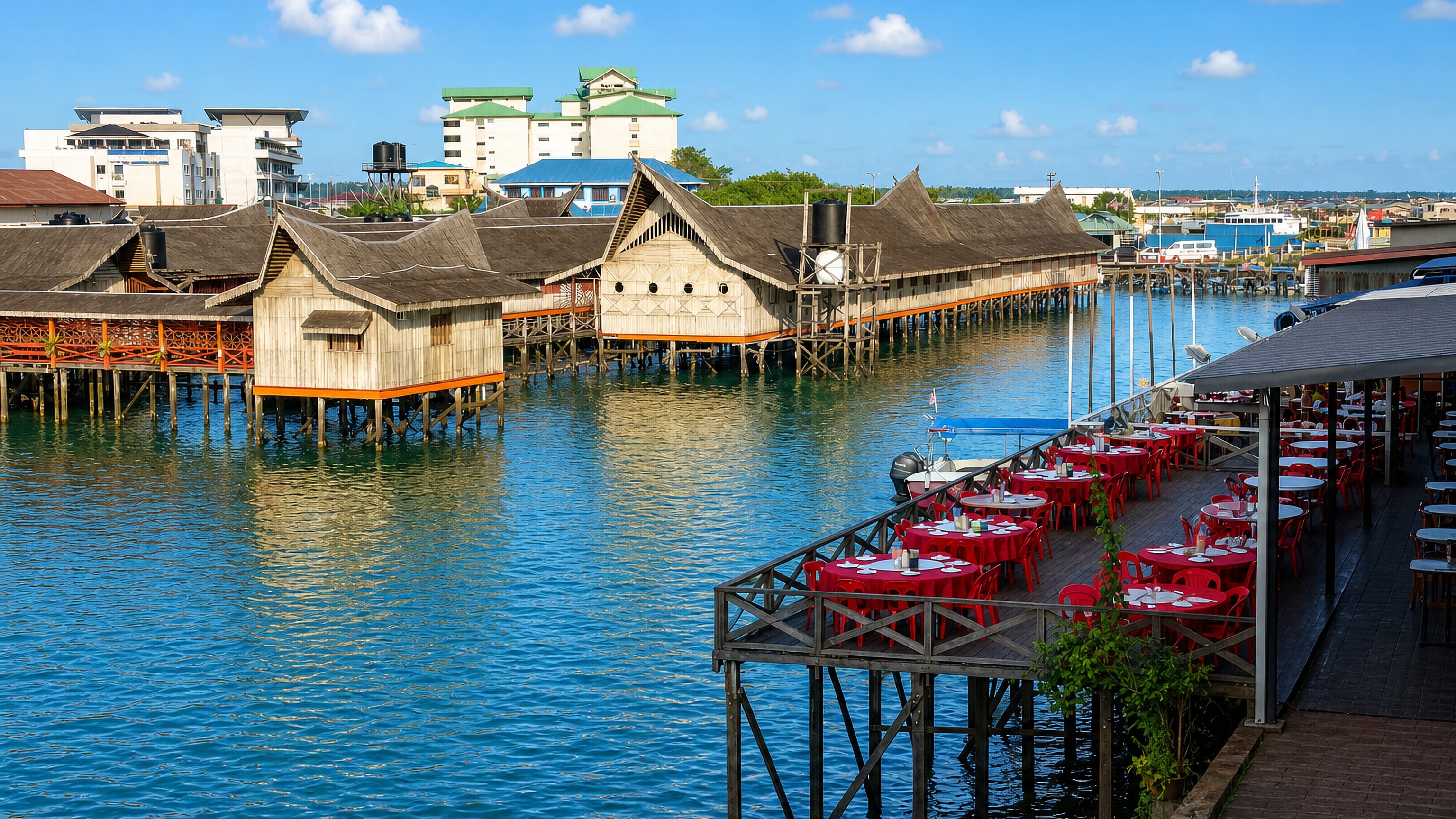 Semporna's stilt houses and waterfront seafood decks over turquoise water in Sabah, Malaysia.