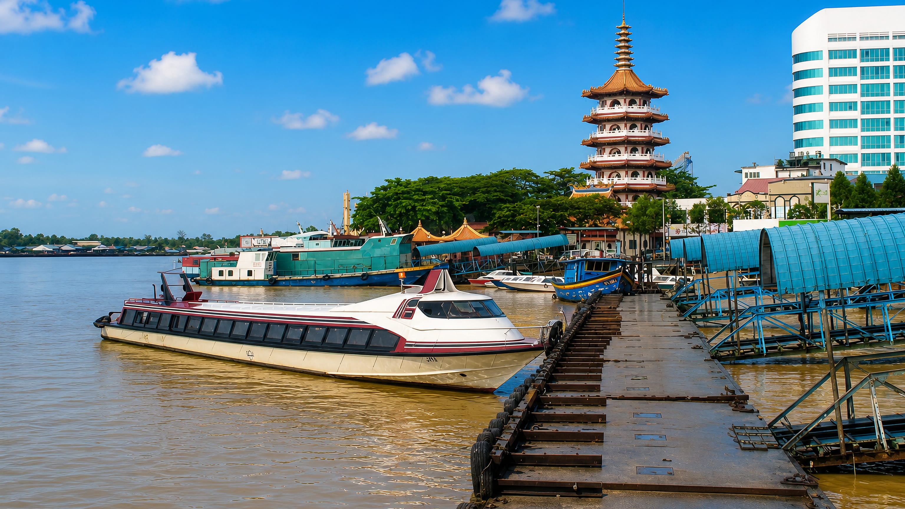 Express boats at the Rajang River wharf in Sibu, Sarawak, below the seven-storey Tua Pek Kong pagoda.