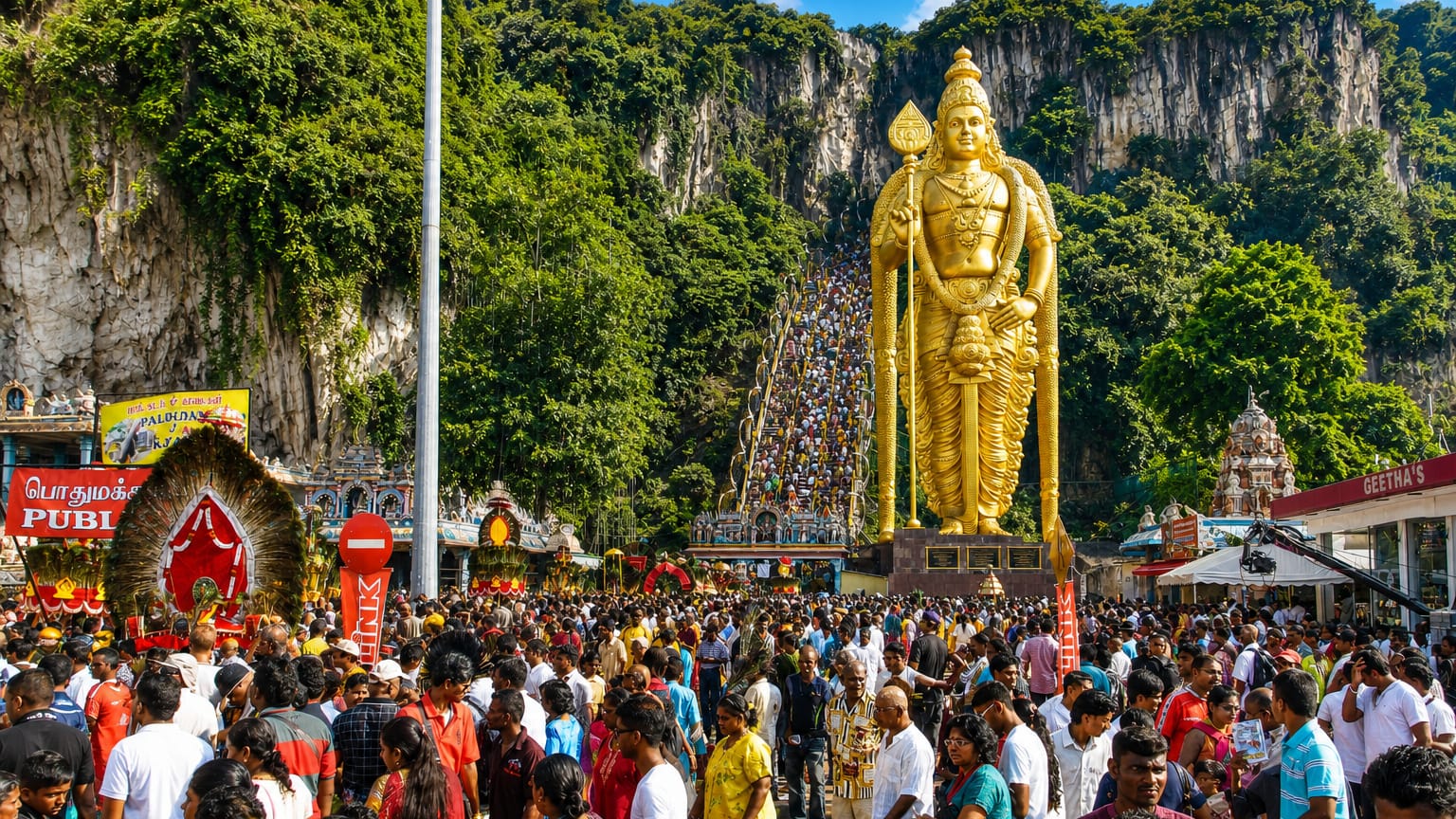 Golden Lord Murugan statue and colourful stairway at Batu Caves temple in Selangor, thronged by festival crowds.
