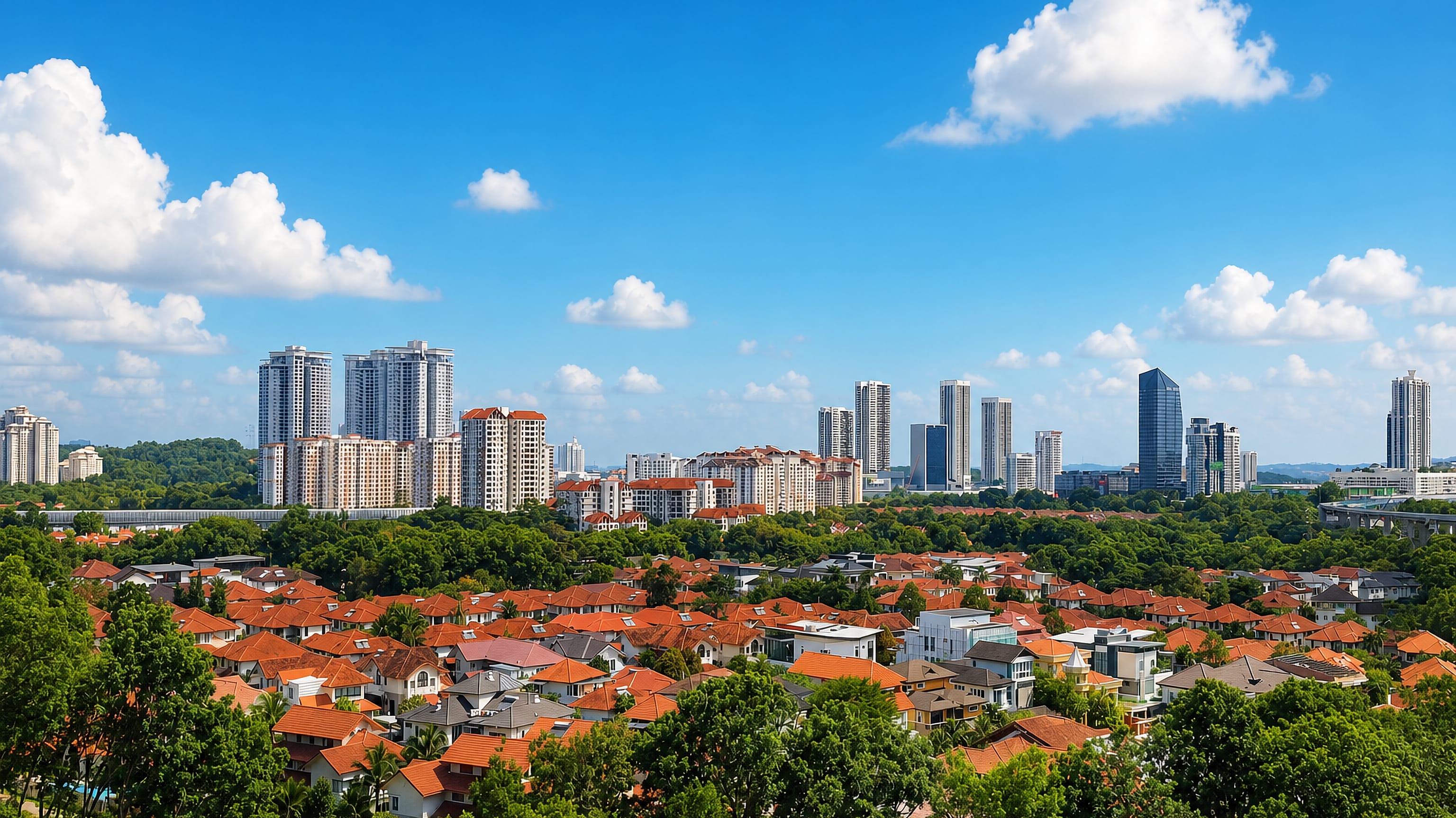 Orange-roofed suburban houses and condominium towers among dense trees in Kota Damansara, Selangor.