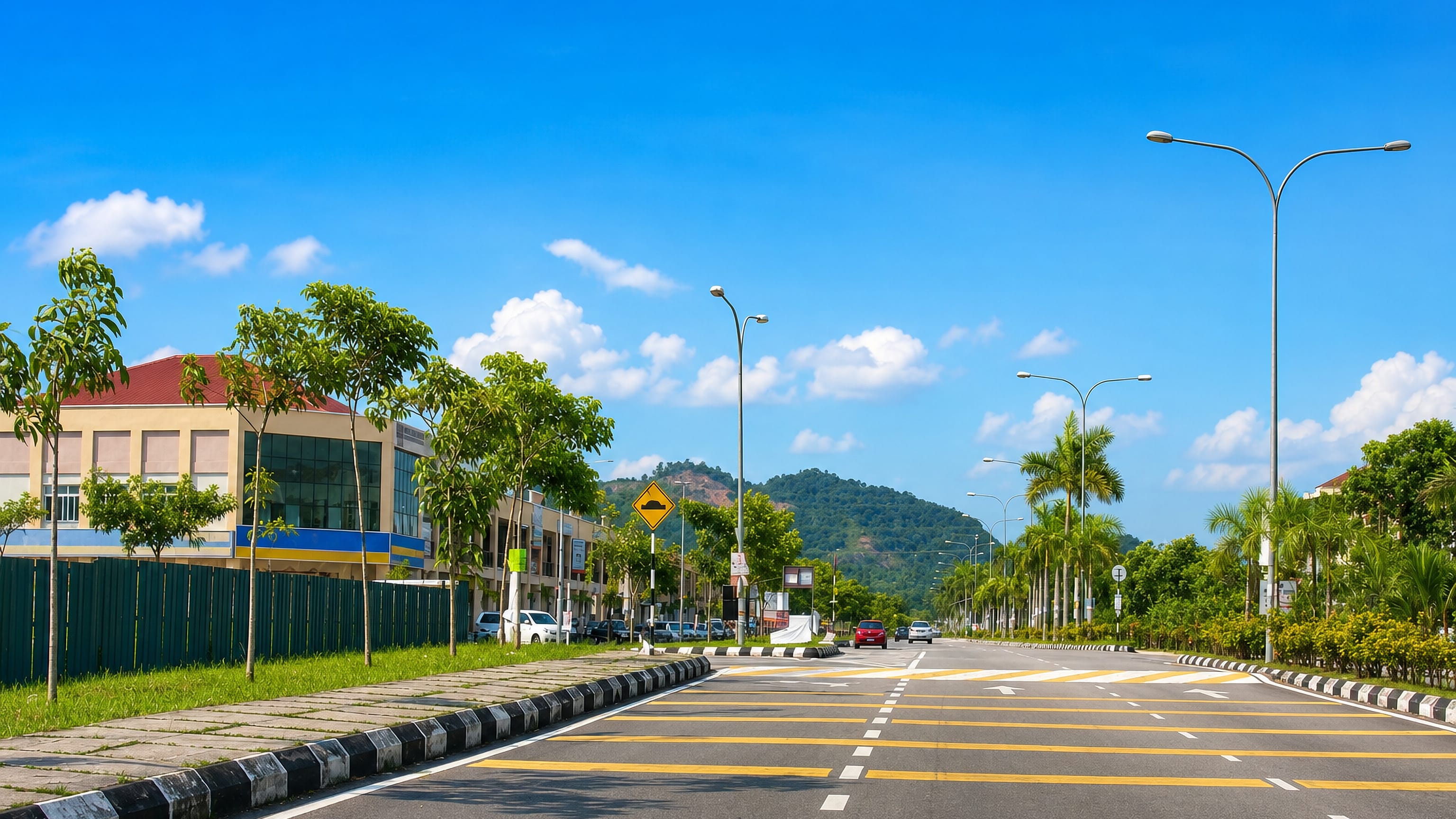 Wide palm-lined boulevard past shoplots with forested hills behind in Semenyih, Selangor, Malaysia.