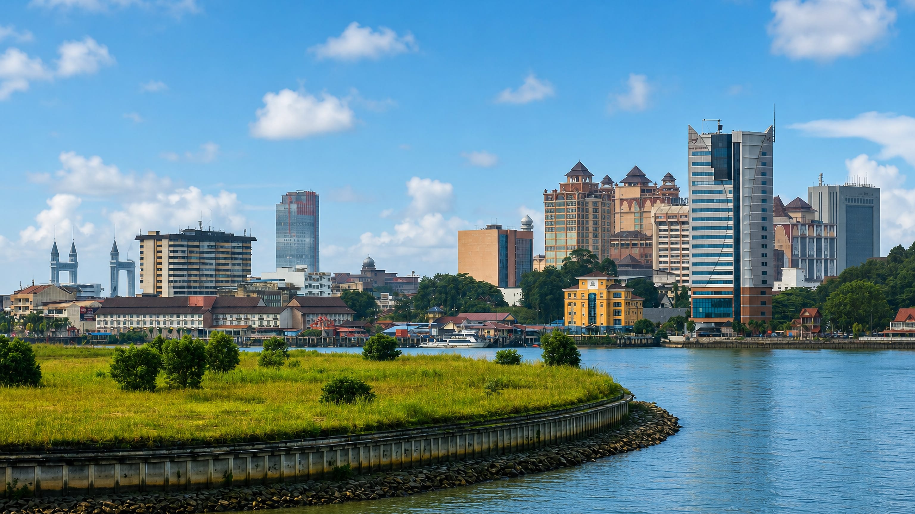 Waterfront skyline of Kuala Terengganu, Malaysia, with mosque domes and office towers along the Terengganu River.