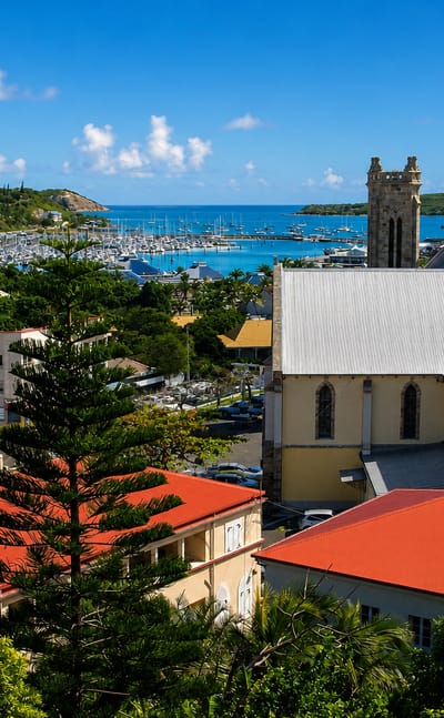 Noumea's twin-towered Saint-Joseph Cathedral above red roofs and the yacht-filled harbour and bay islands