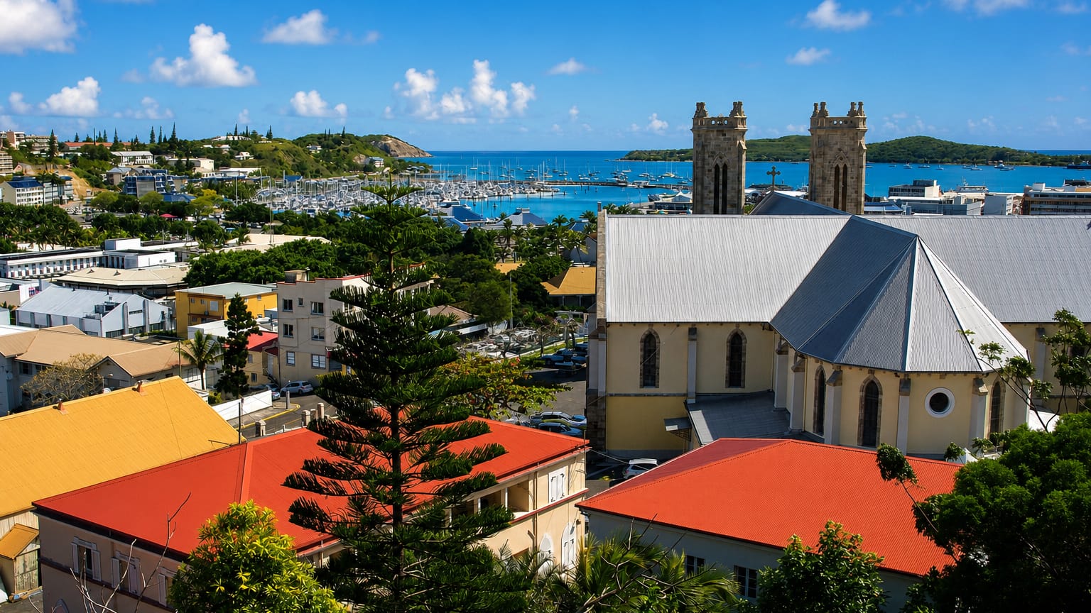 Noumea's twin-towered Saint-Joseph Cathedral above red roofs and the yacht-filled harbour and bay islands