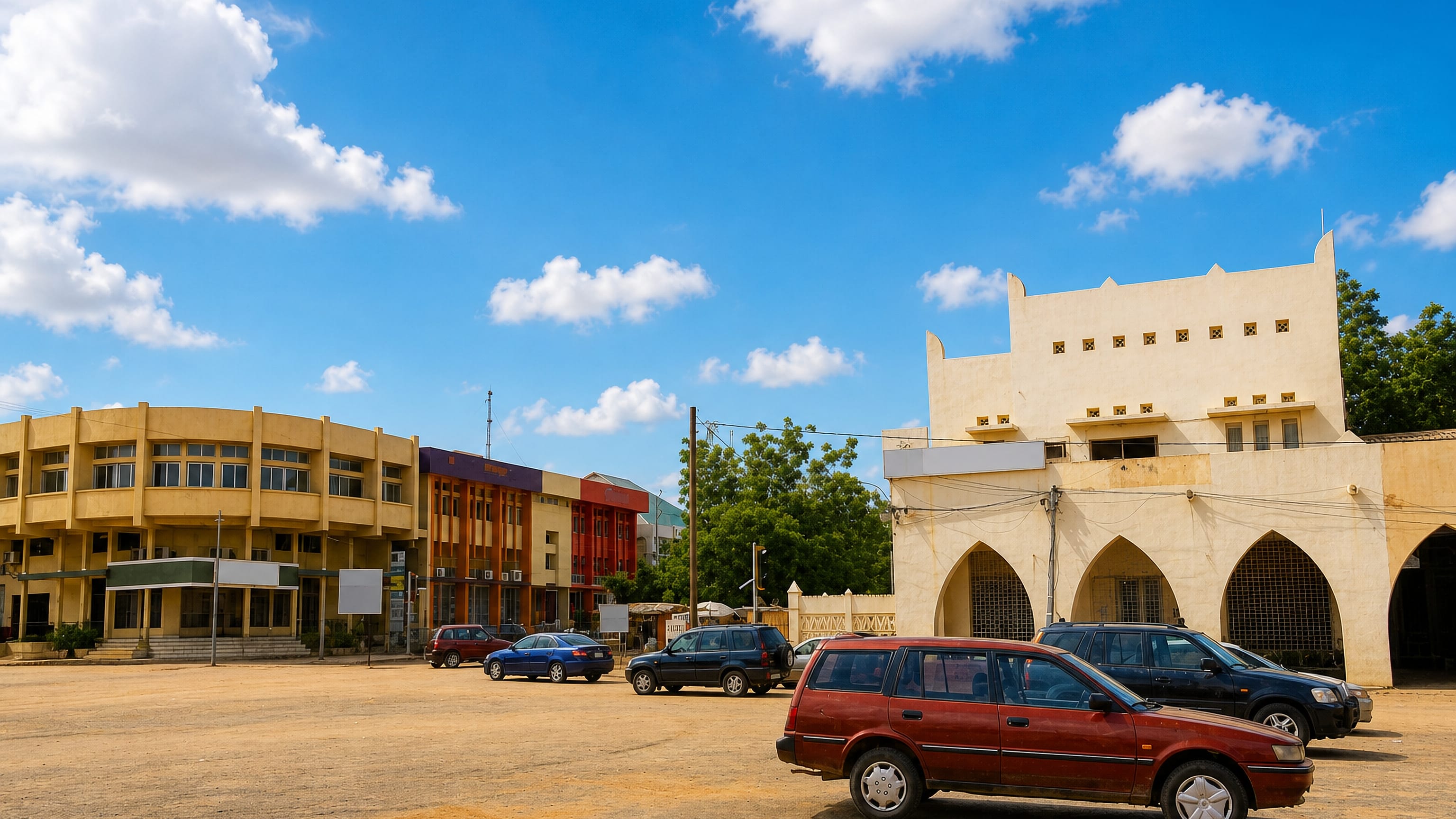 Sandy open square in Maradi, Niger, lined with arcaded cream and orange buildings under a blue sky.