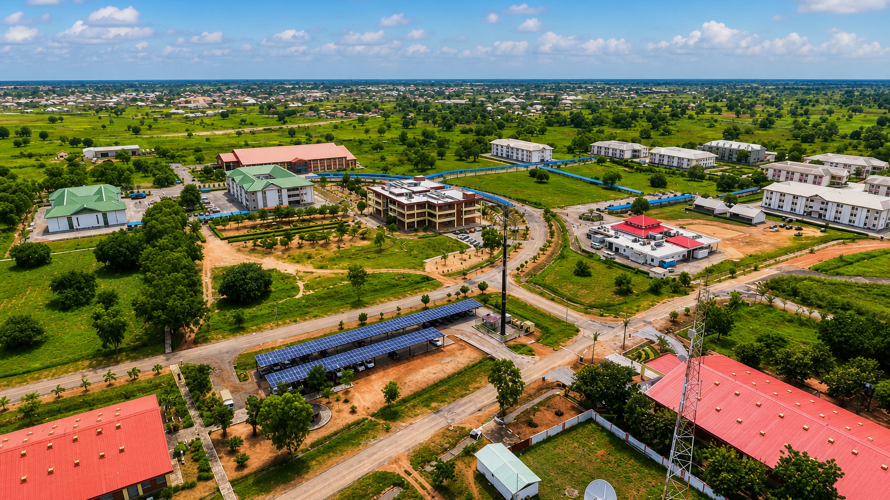Aerial of a green campus with red-roofed blocks and solar carports in Yola, Adamawa State