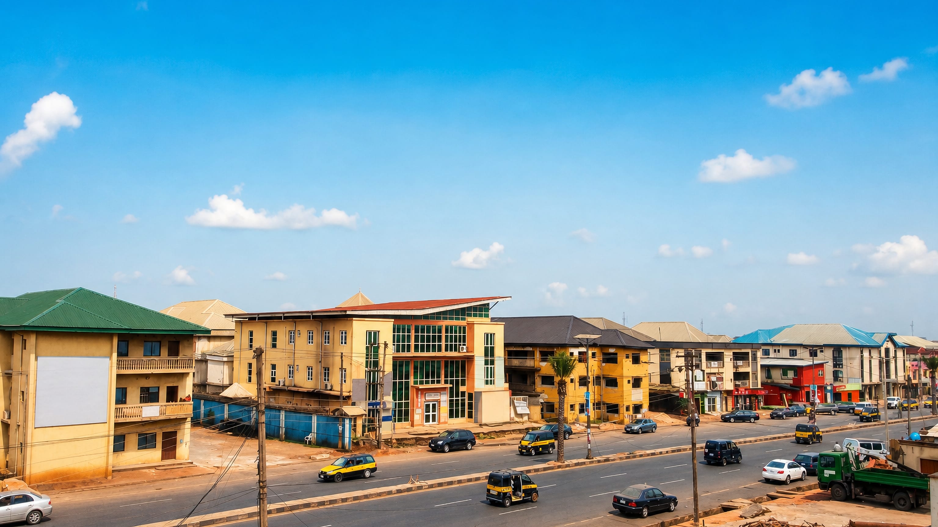 Yellow tricycle taxis on a dual carriageway past low commercial buildings in Owerri, Nigeria.