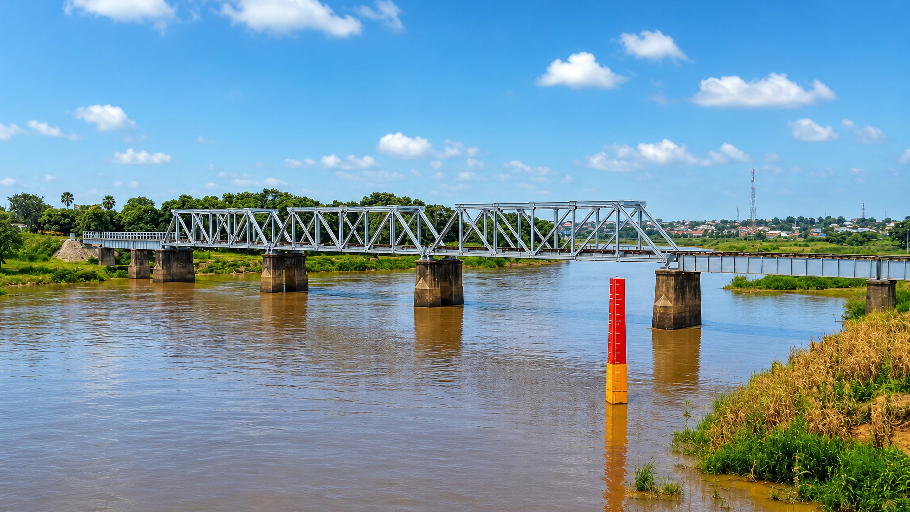 Steel truss bridge spanning the wide silt-brown Kaduna River with the Nigerian city on the far bank.