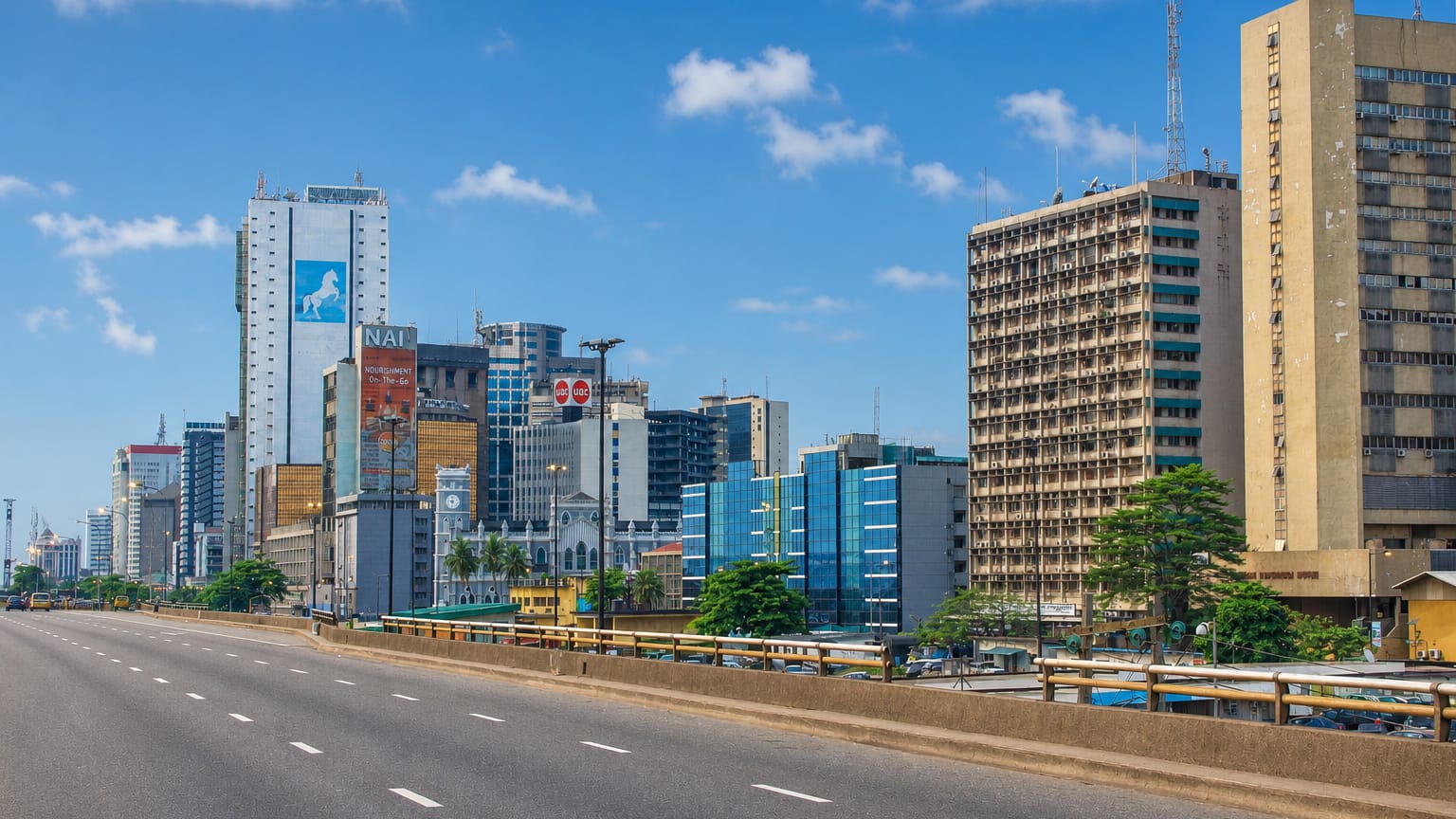Wide avenue running past the high-rise office towers of Lagos Island's central business district