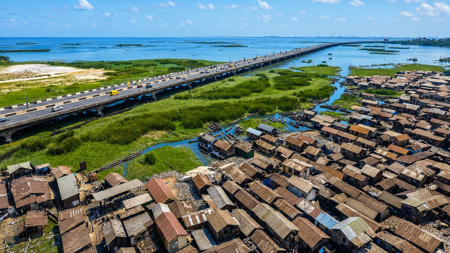 Aerial view of Lagos's Makoko stilt settlement of corrugated shacks beside the Third Mainland Bridge over the lagoon.