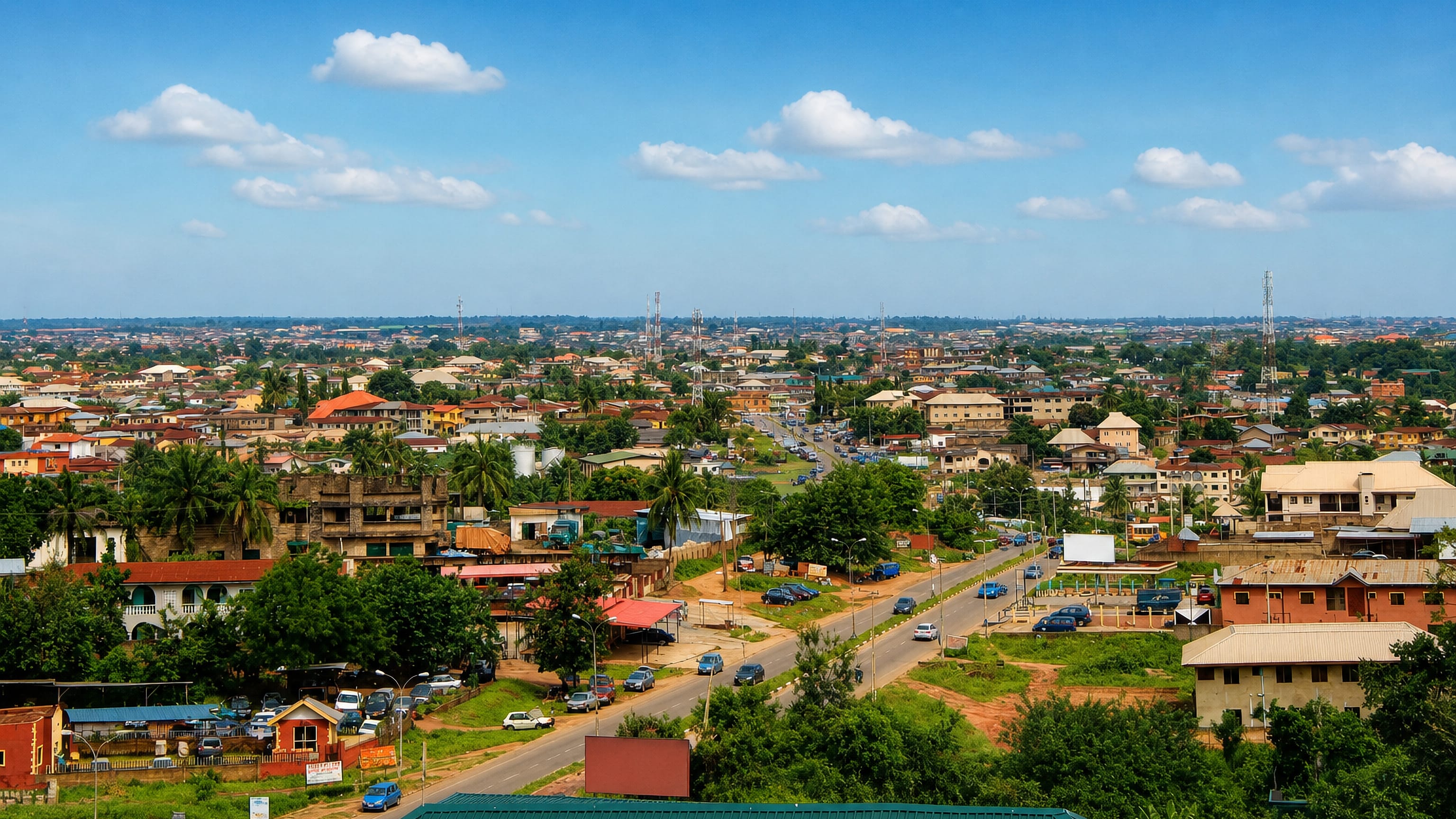 Low-rise rooftops, palms and red-earth roadsides spreading across Osogbo, Osun State, Nigeria.