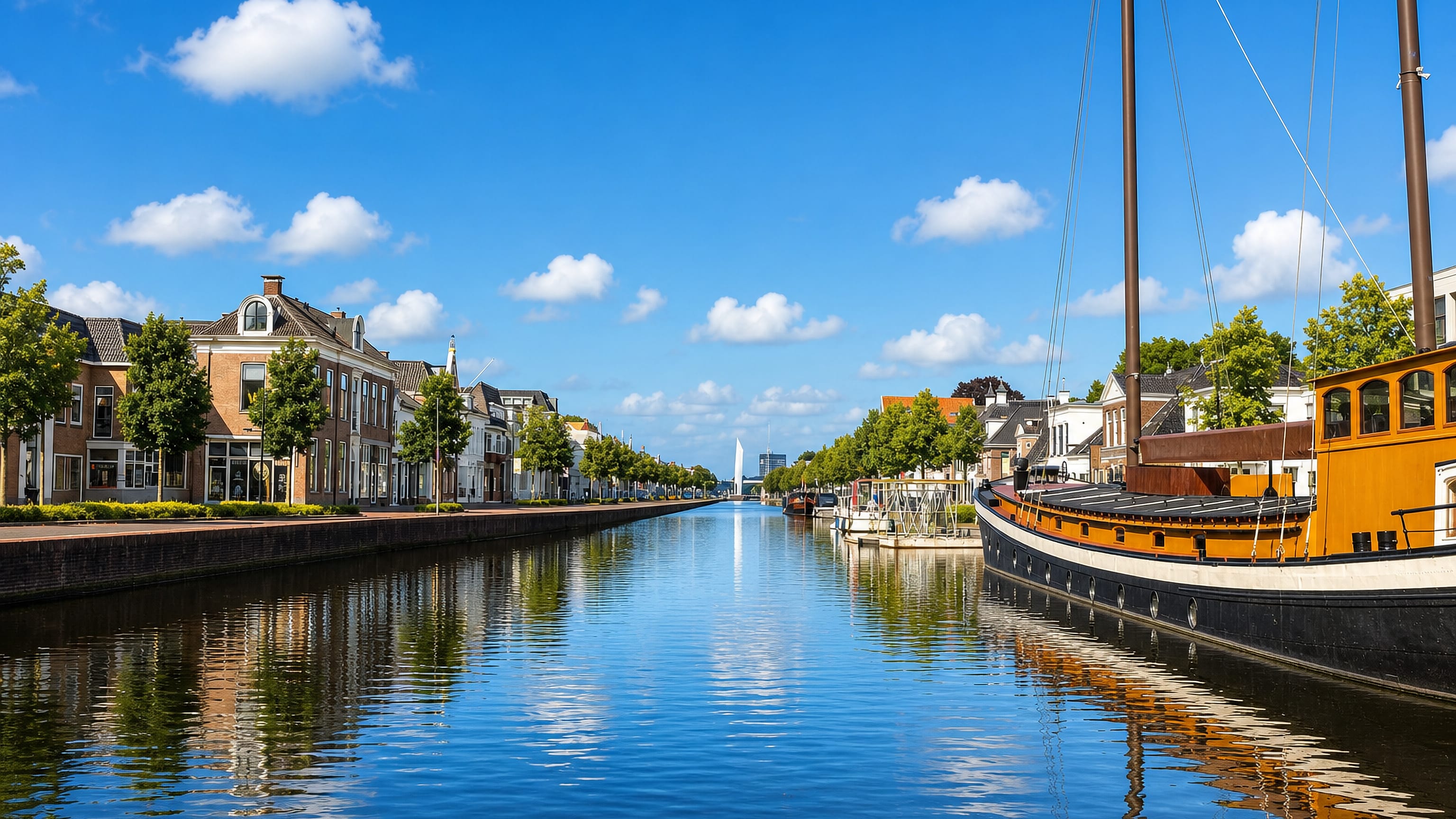 A traditional wooden barge moored on Assen's canal, with brick townhouses lining the quay in Drenthe