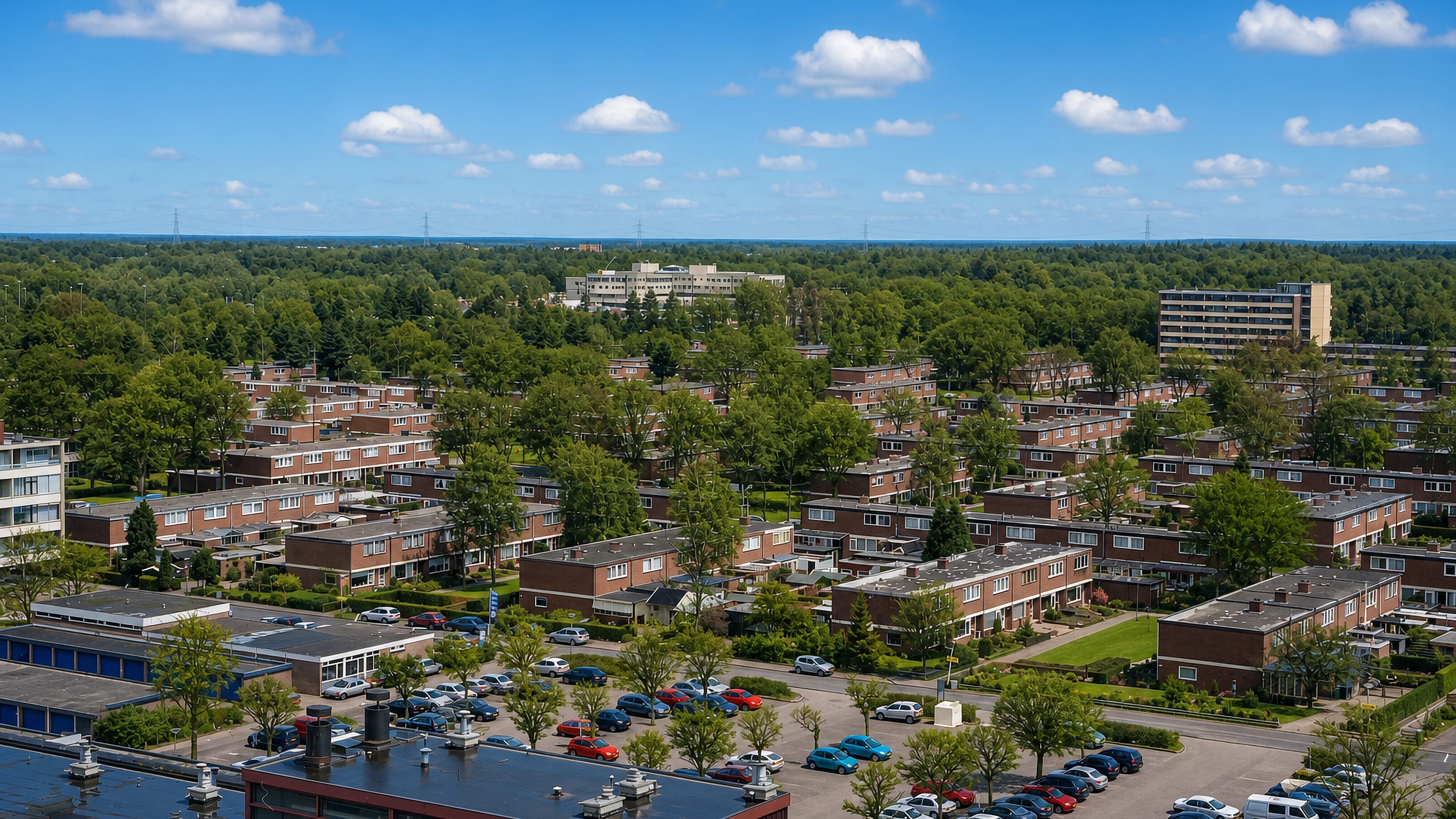 Aerial view over Angelslo in Emmen, Netherlands, with brick terraced houses, leafy streets and woodland beyond.