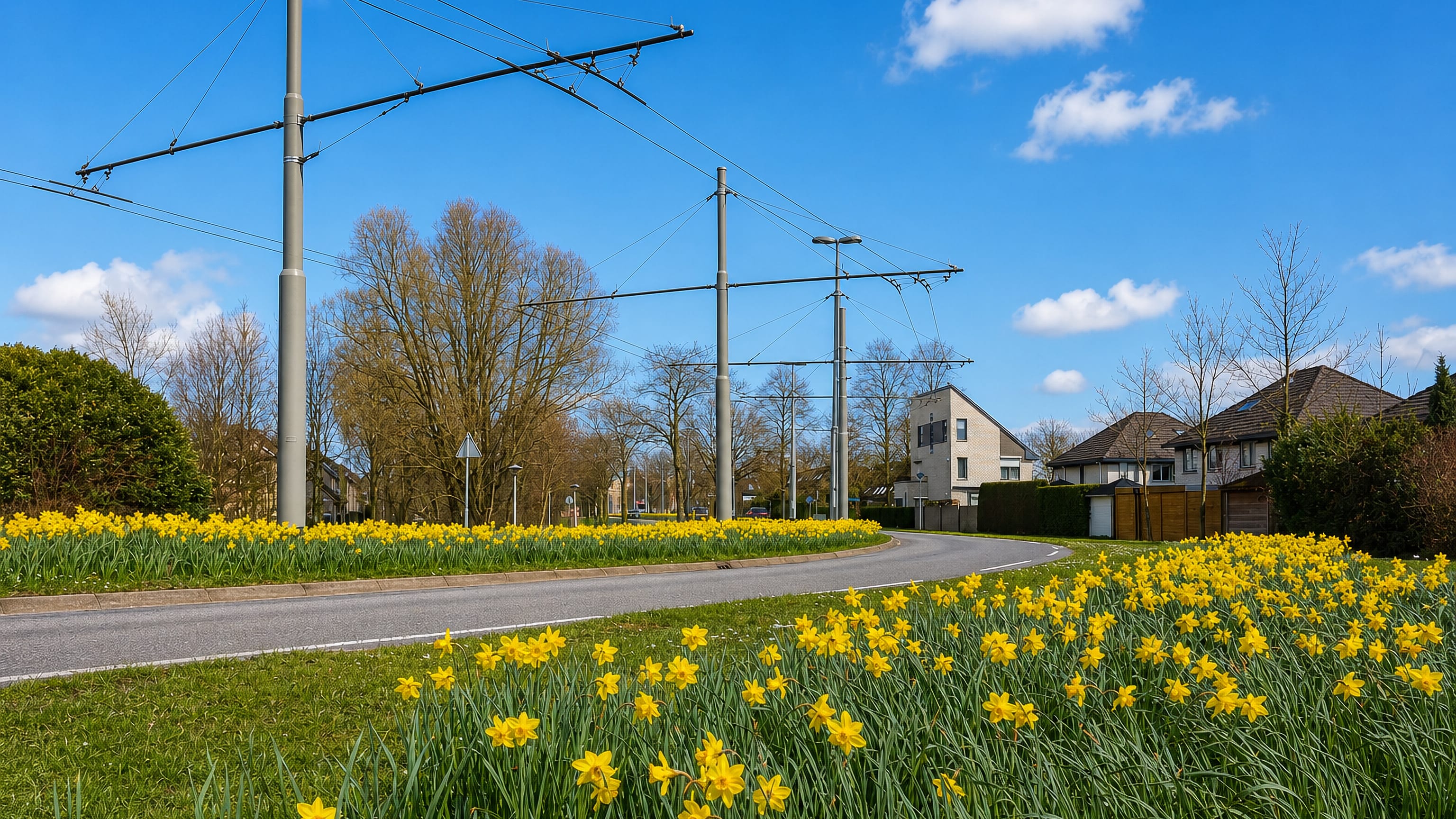 Daffodils along a road under trolleybus wires beside brick housing in De Laar, Arnhem.