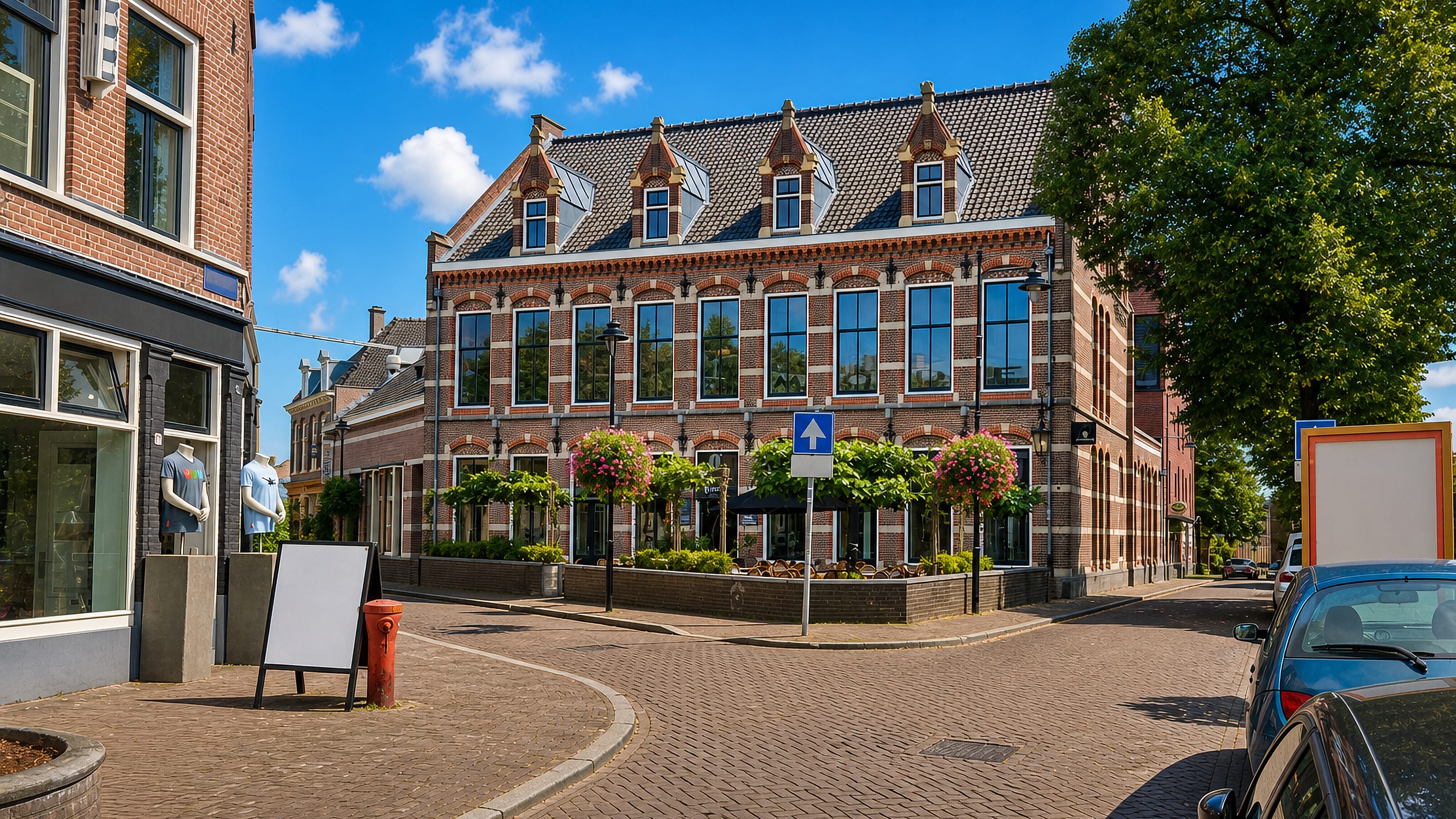 A brick corner building with a cafe terrace on a cobbled street in Klarendal, Arnhem.