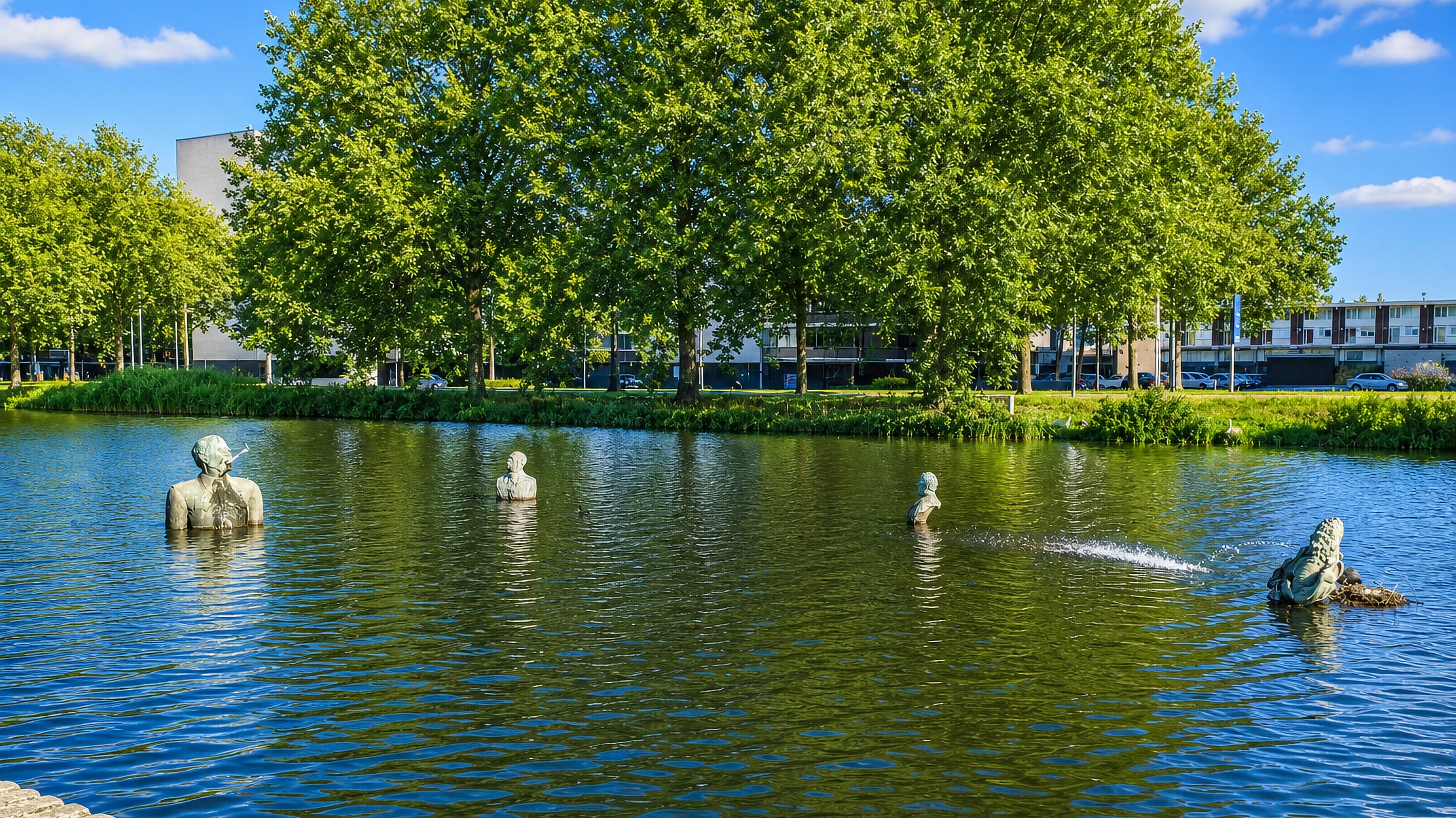 Bronze figures standing in a sunlit pond fringed by trees and low flats in Presikhaaf, Arnhem.