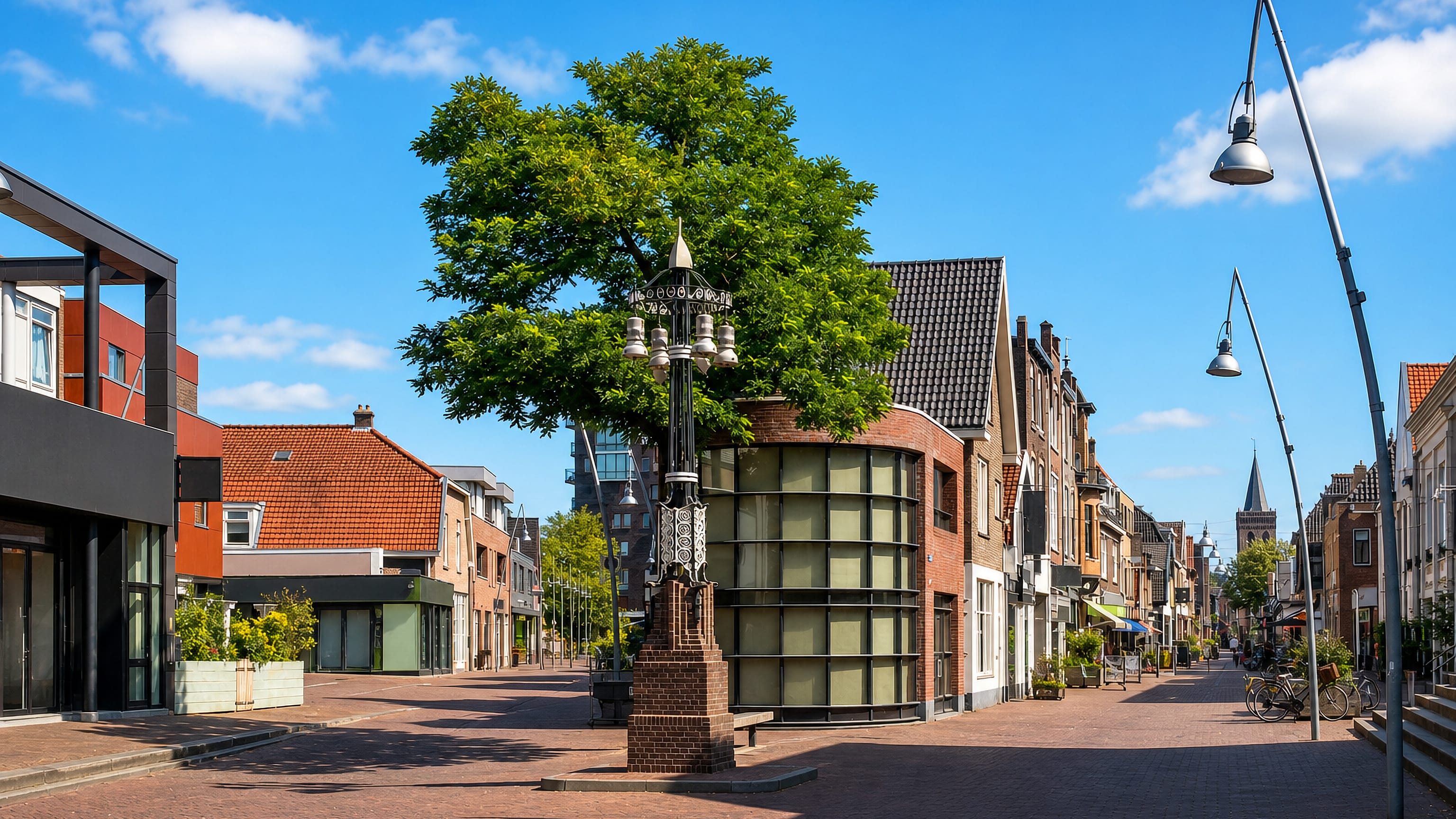 Ornate cast-iron lamp column and tree on the brick-paved shopping street in the centre of Ede, Gelderland