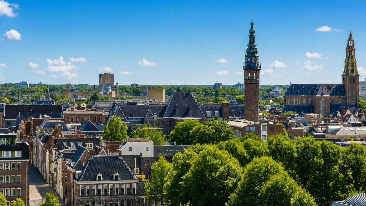 Groningen's old-town rooftops and church towers rising above leafy trees under a summer sky.