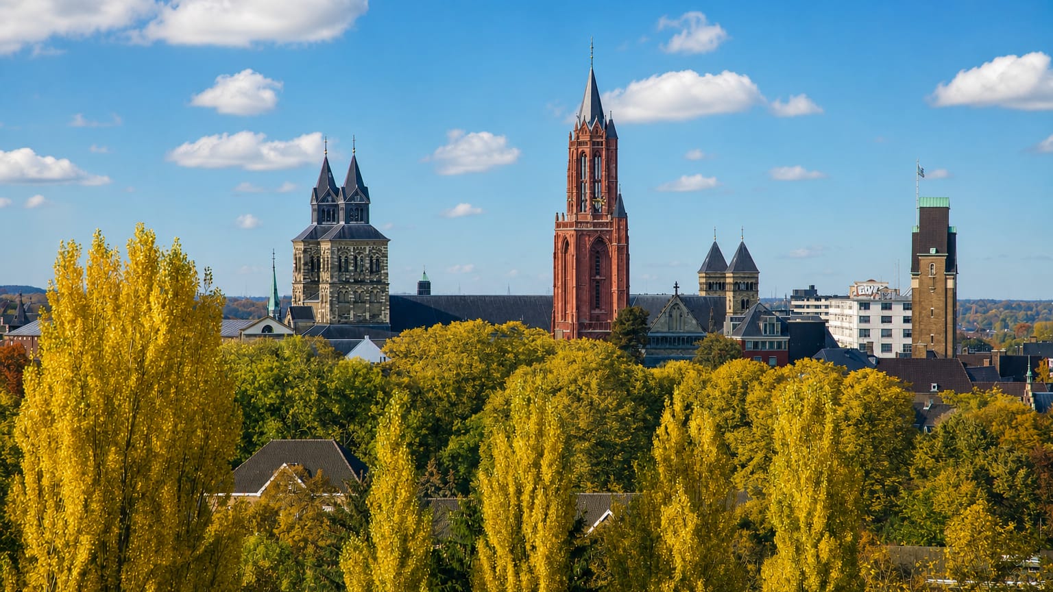 Maastricht skyline with the Sint-Jan red church tower and Sint-Servaas basilica rising above autumn trees