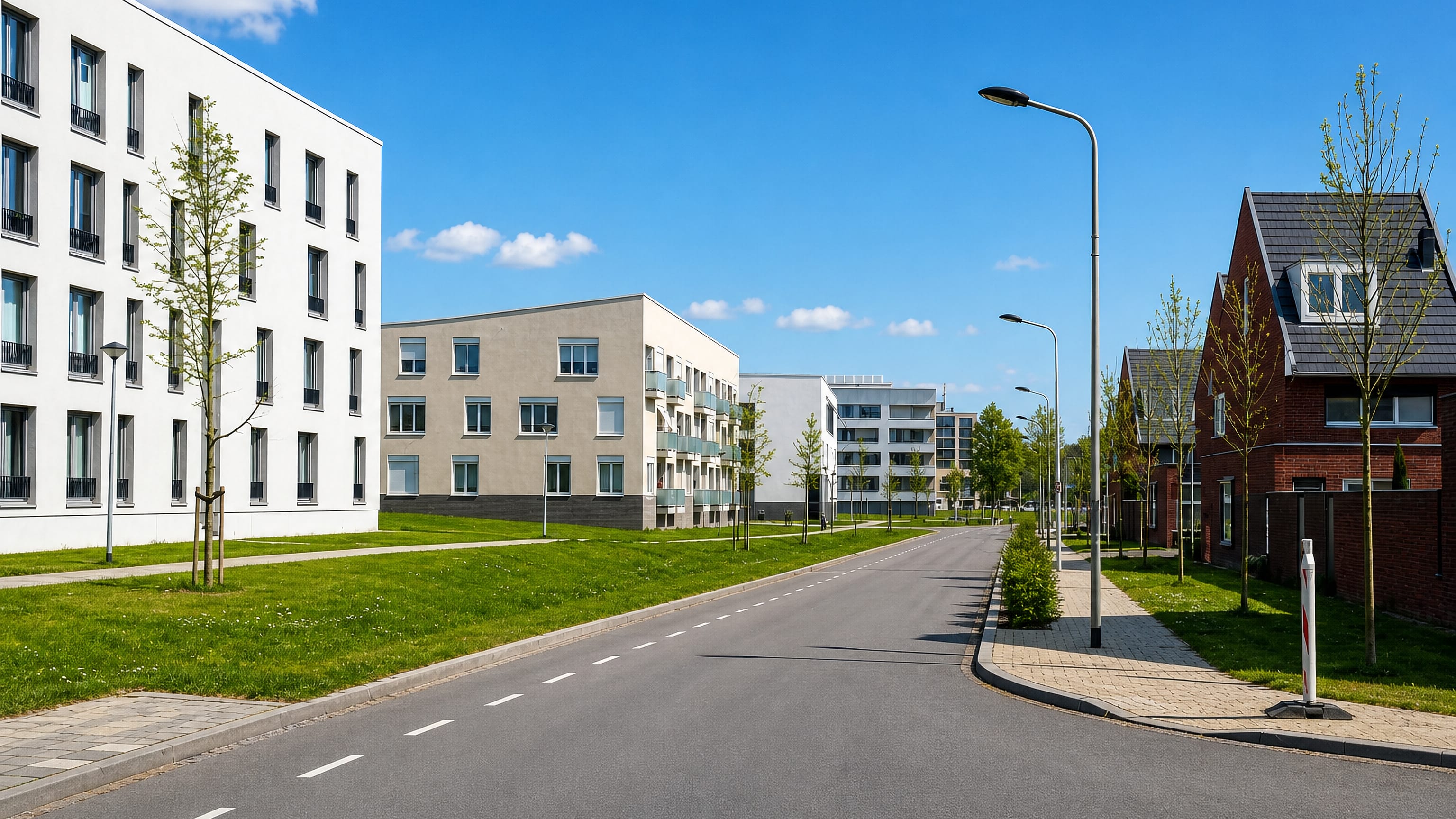 Quiet street in Malberg, Maastricht, lined with new white apartment blocks and brick gabled houses