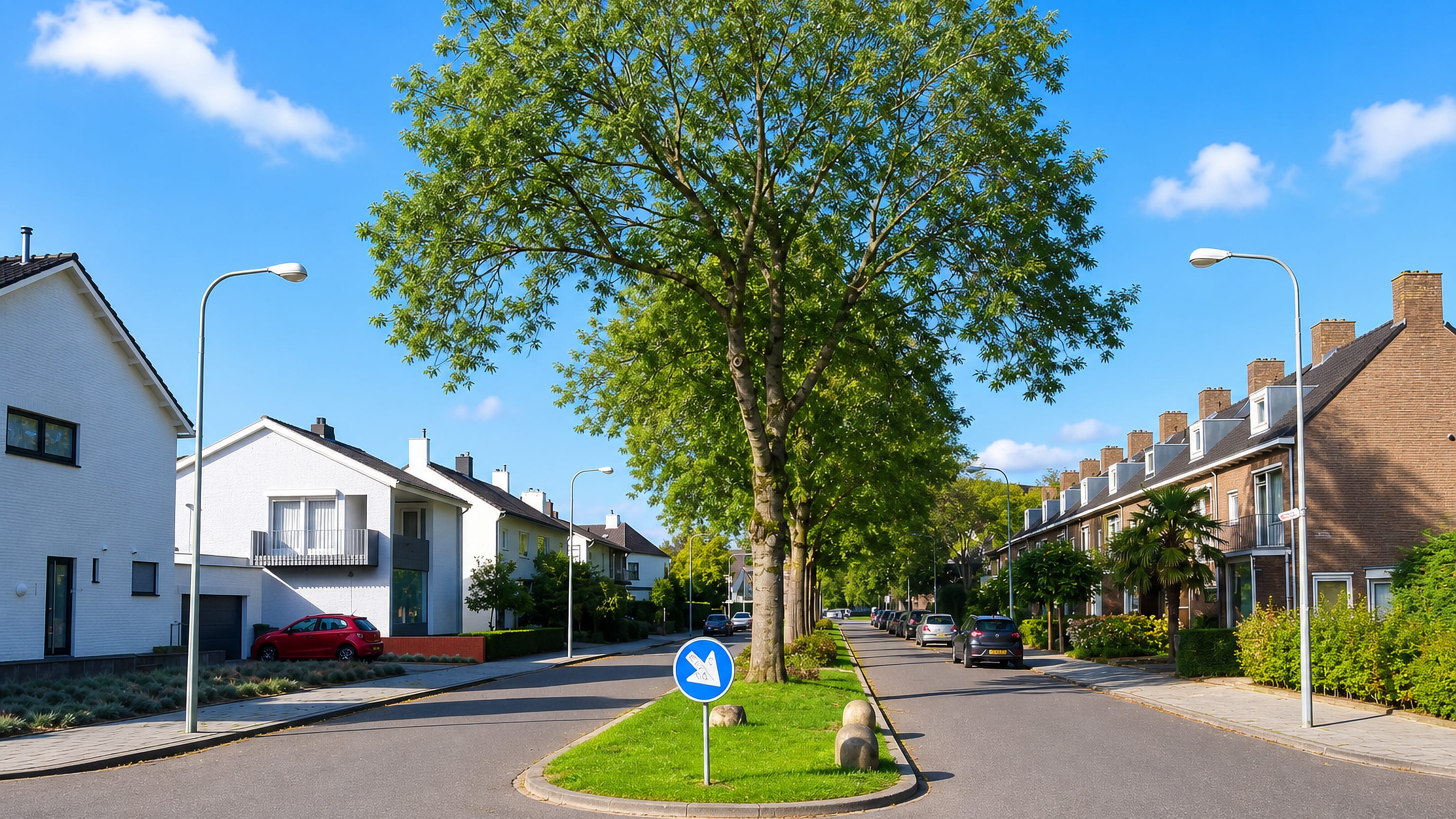 Quiet residential street in Scharn, Maastricht, lined with white villas and brick terraces around a tree island.