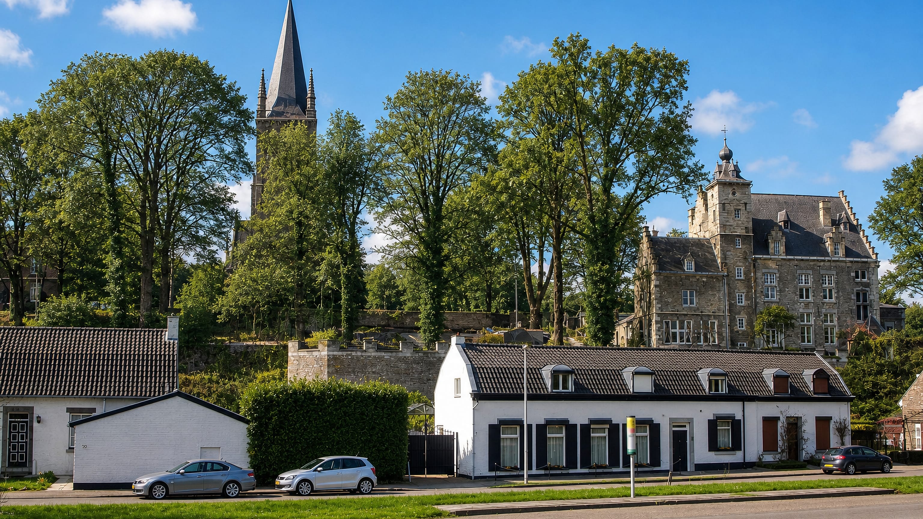 Church spire, hillside château and whitewashed shuttered houses in Sint Pieter on the edge of Maastricht.
