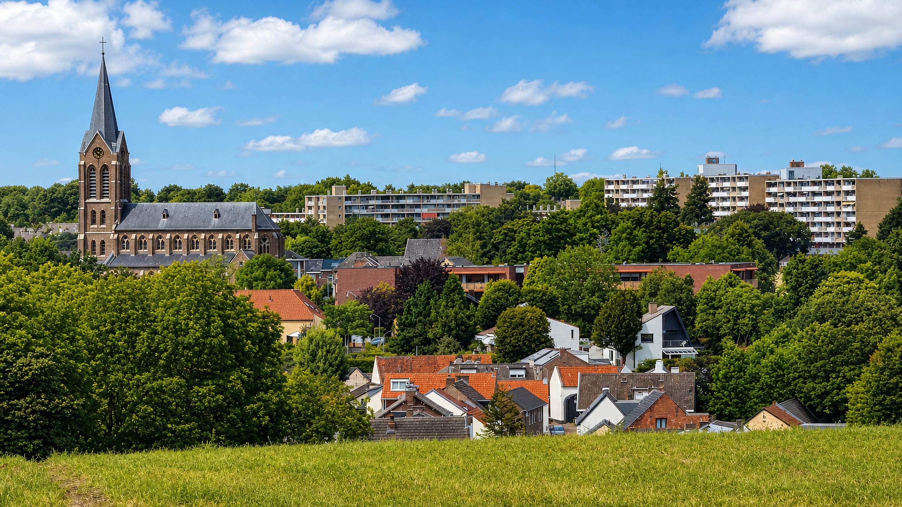 Church spire and rooftops of Wolder rising above green meadows on the western edge of Maastricht.
