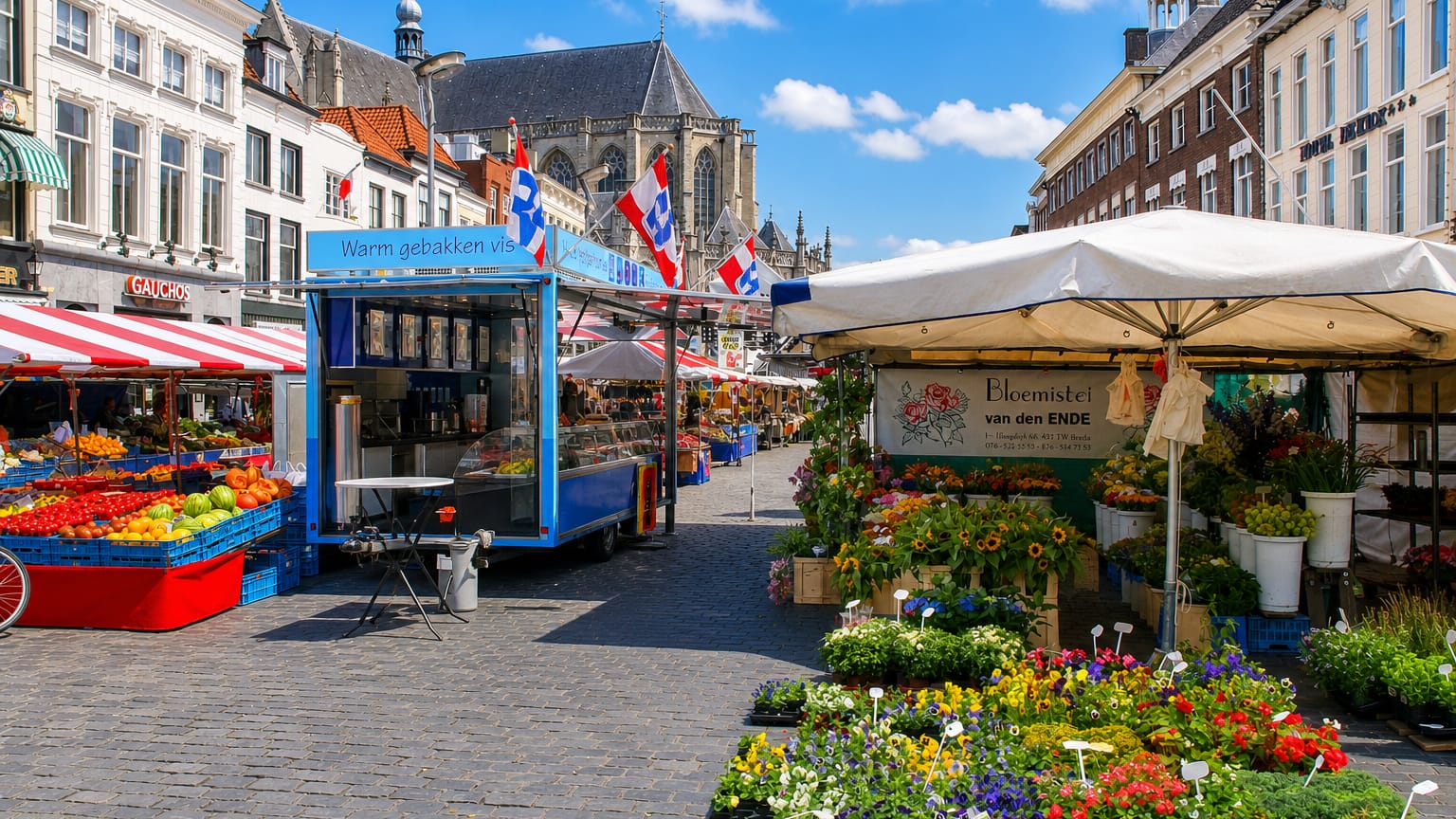 Flower and produce market stalls on Breda's Grote Markt below the Grote Kerk tower, Netherlands